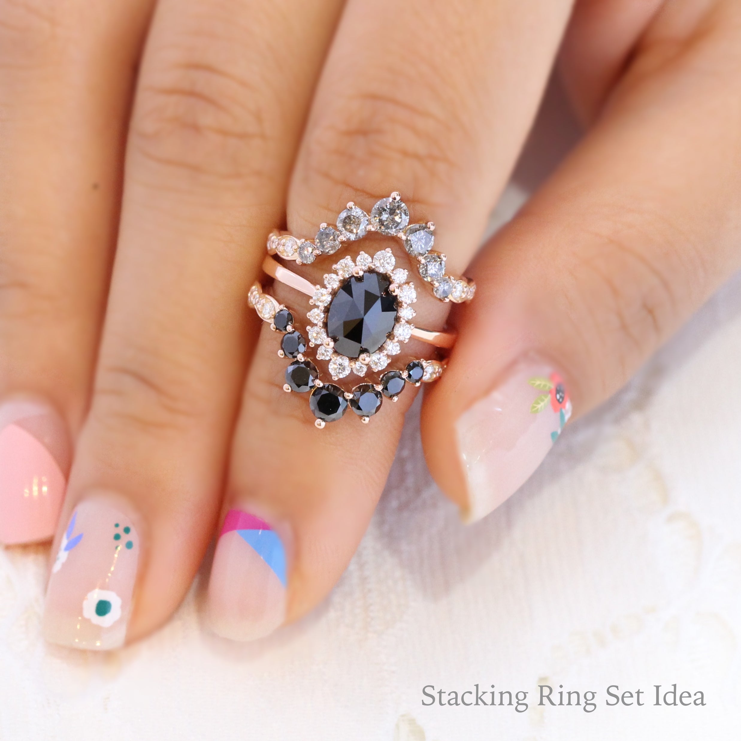 salt and pepper diamond engagement ring rose gold stacking ring set la more design jewelry