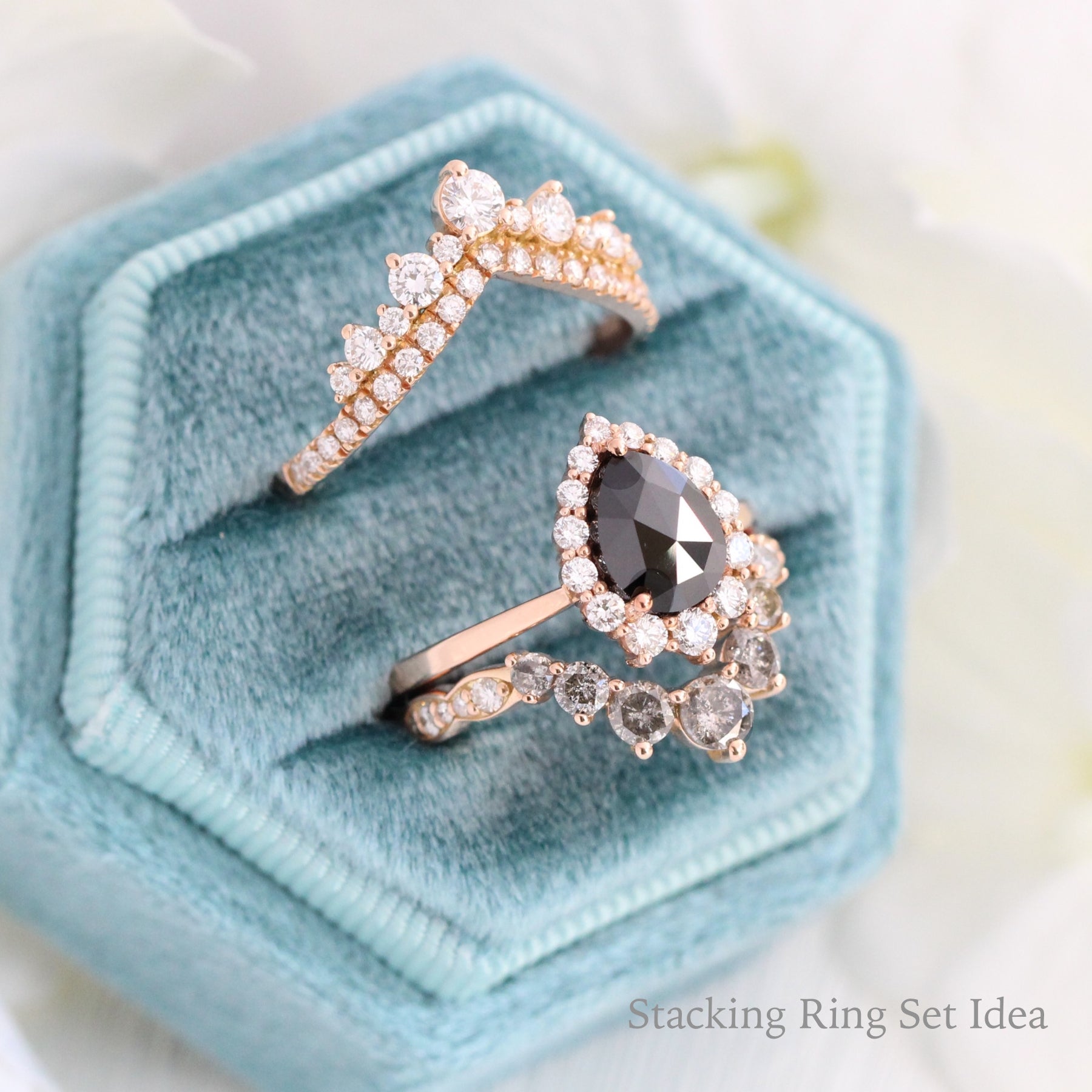 salt and pepper diamond engagement ring rose gold stacking ring set la more design jewelry