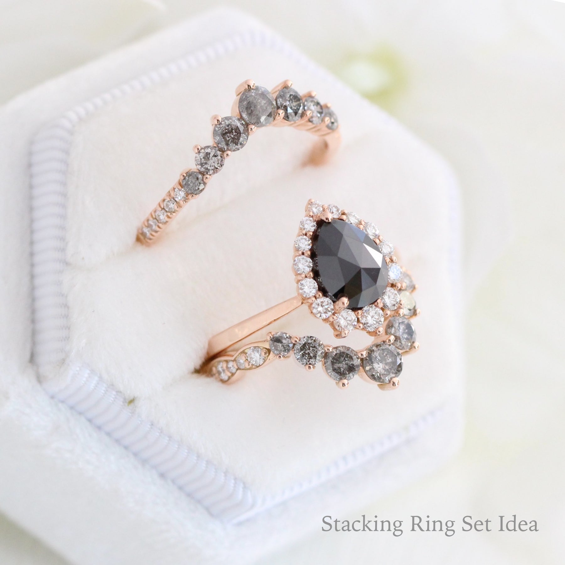 salt and pepper diamond engagement ring rose gold stacking ring set la more design jewelry