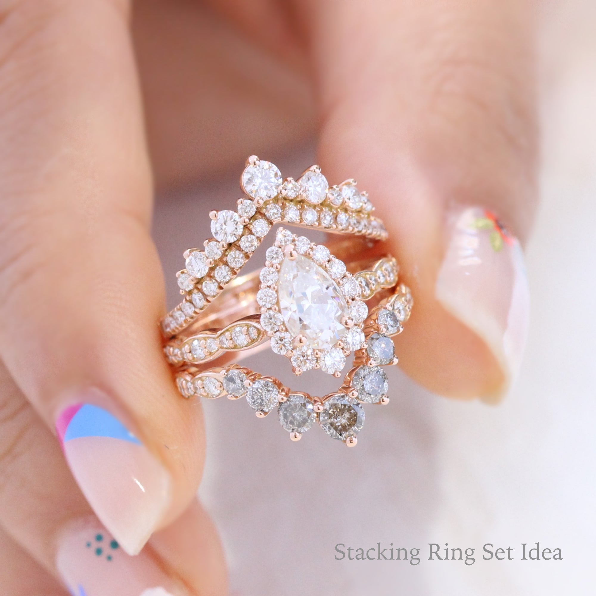 salt and pepper diamond engagement ring rose gold stacking ring set la more design jewelry