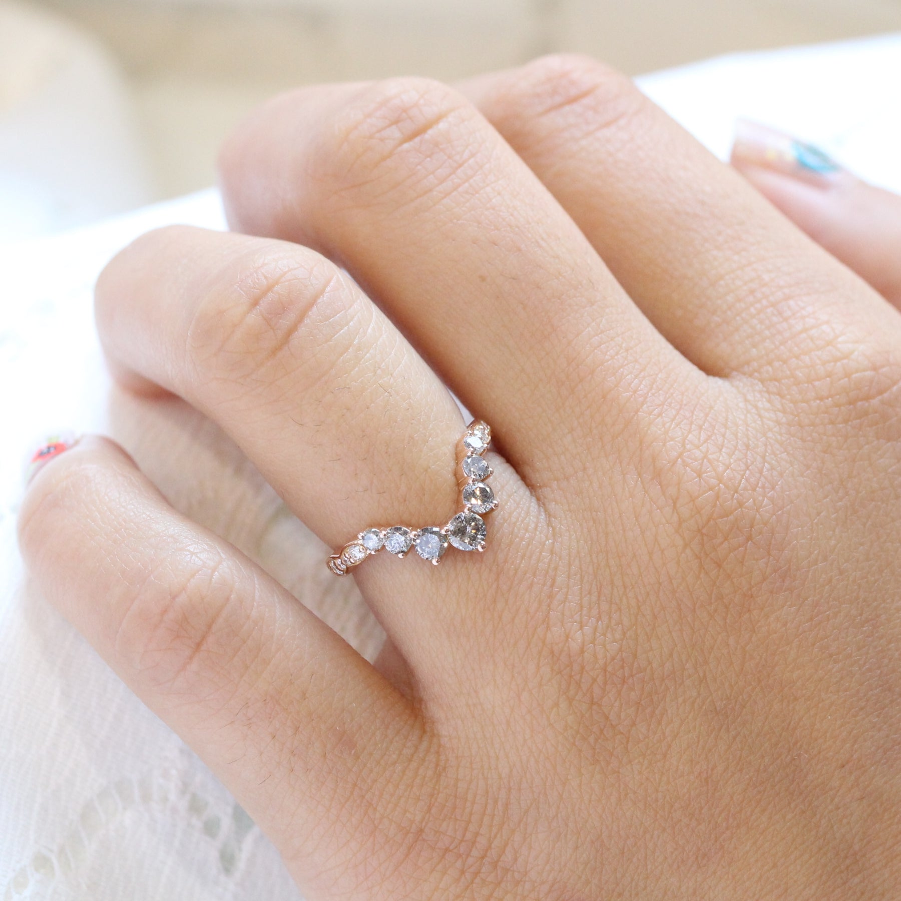 salt and pepper grey diamond wedding ring rose gold curved diamond band la more design jewelry