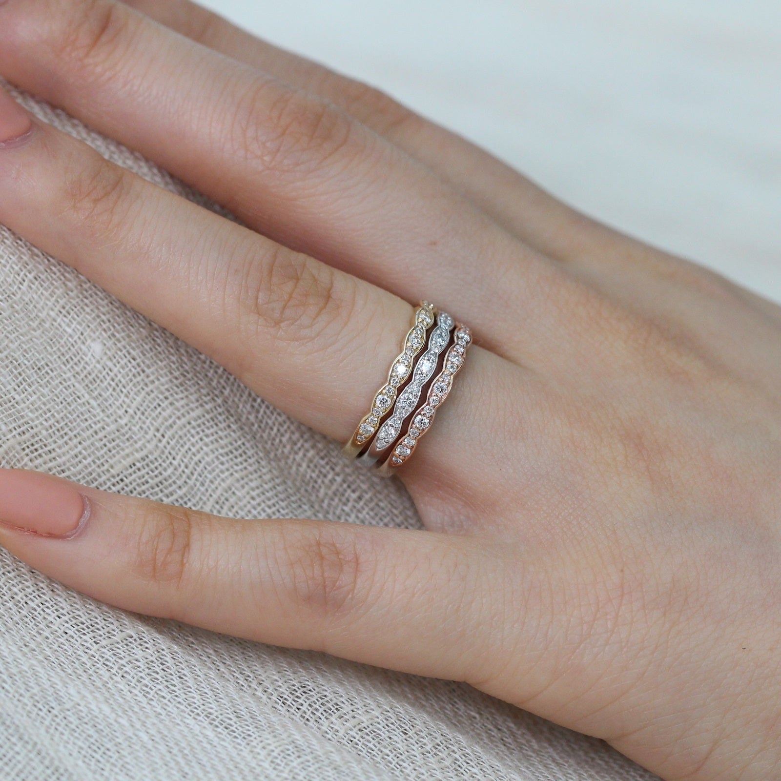 Scalloped diamond wedding band in rose gold white gold yellow gold by la more design