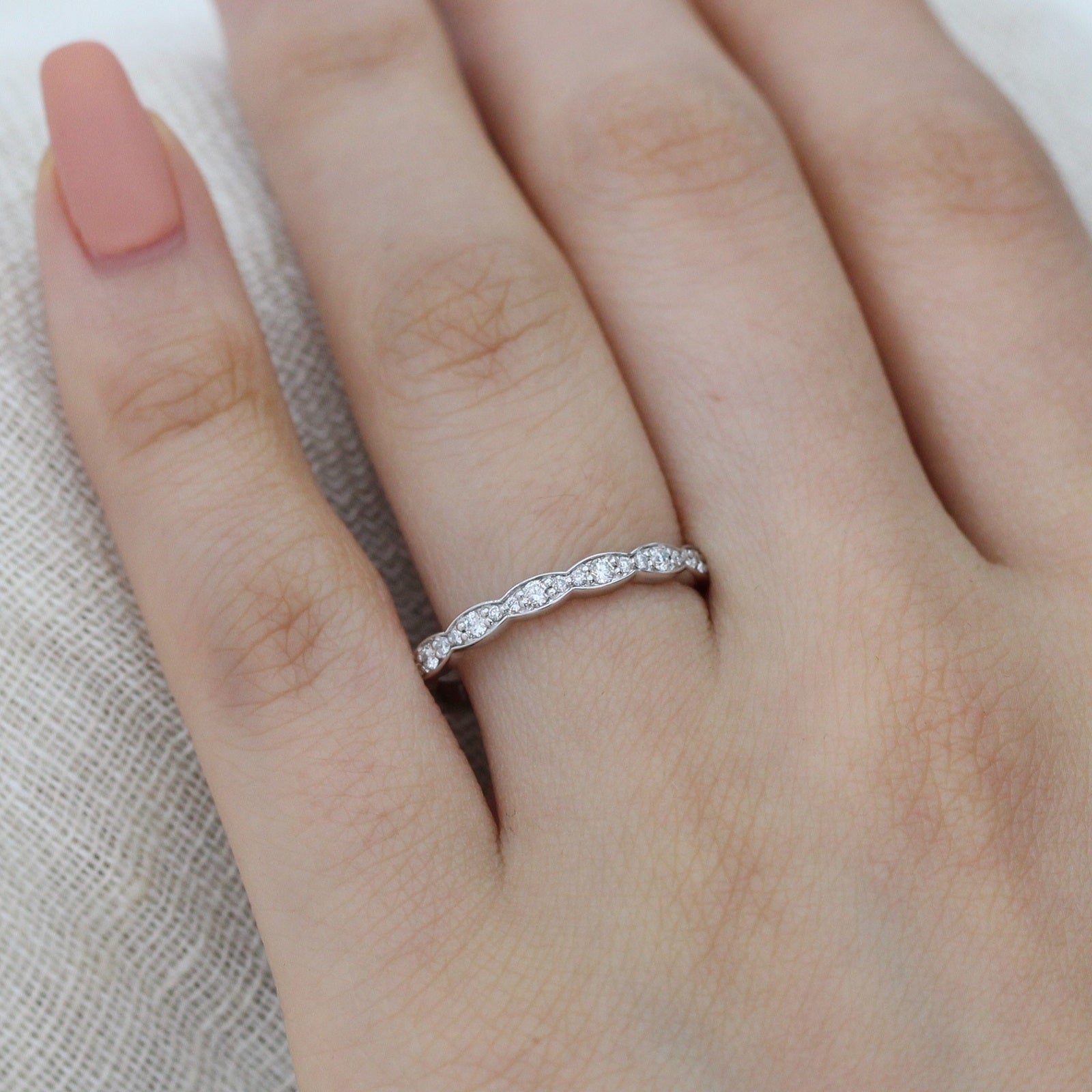 Half diamond wedding ring rose gold scalloped band la more design jewelry