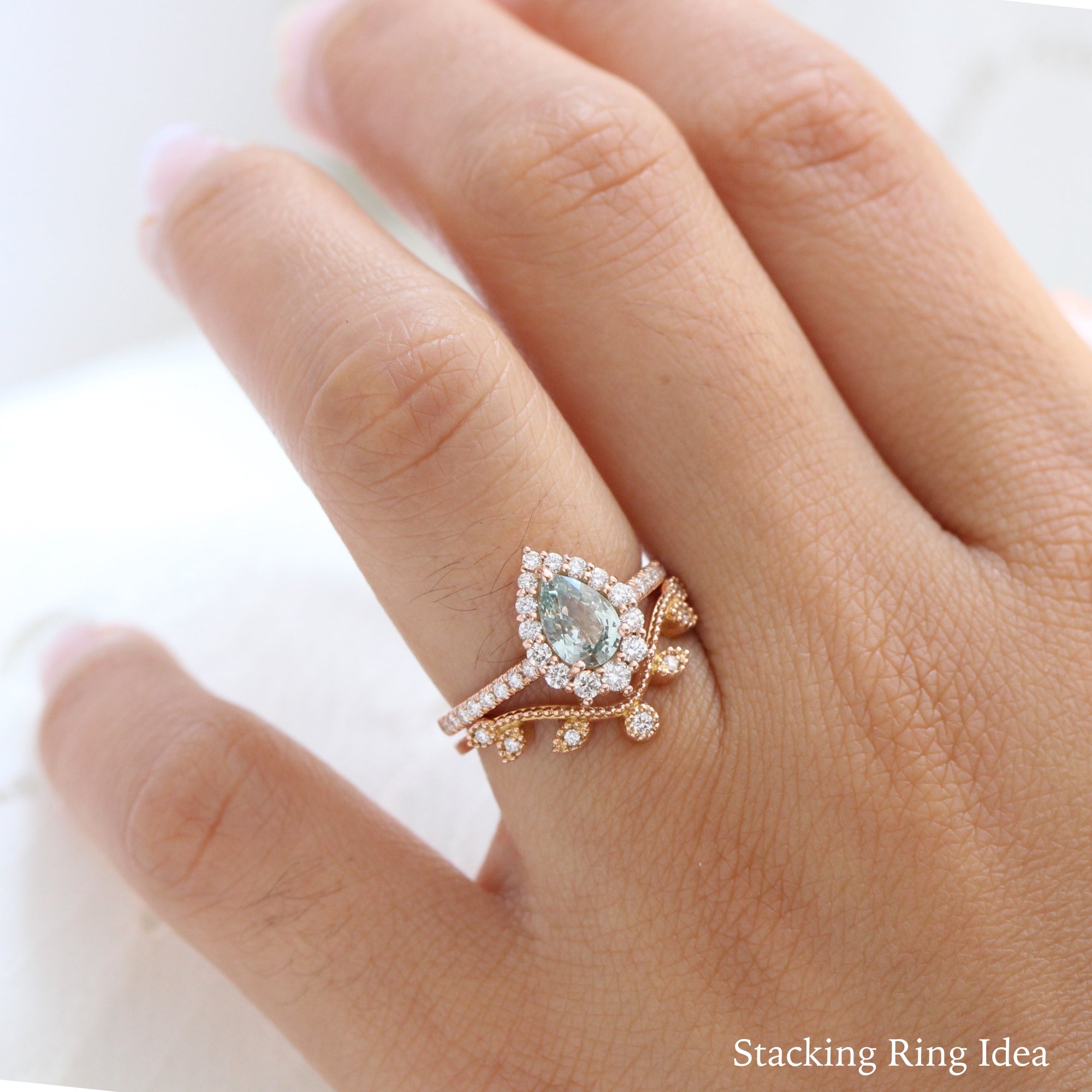 seafoam green sapphire ring rose gold halo diamond pear engagement ring la more design jewelry