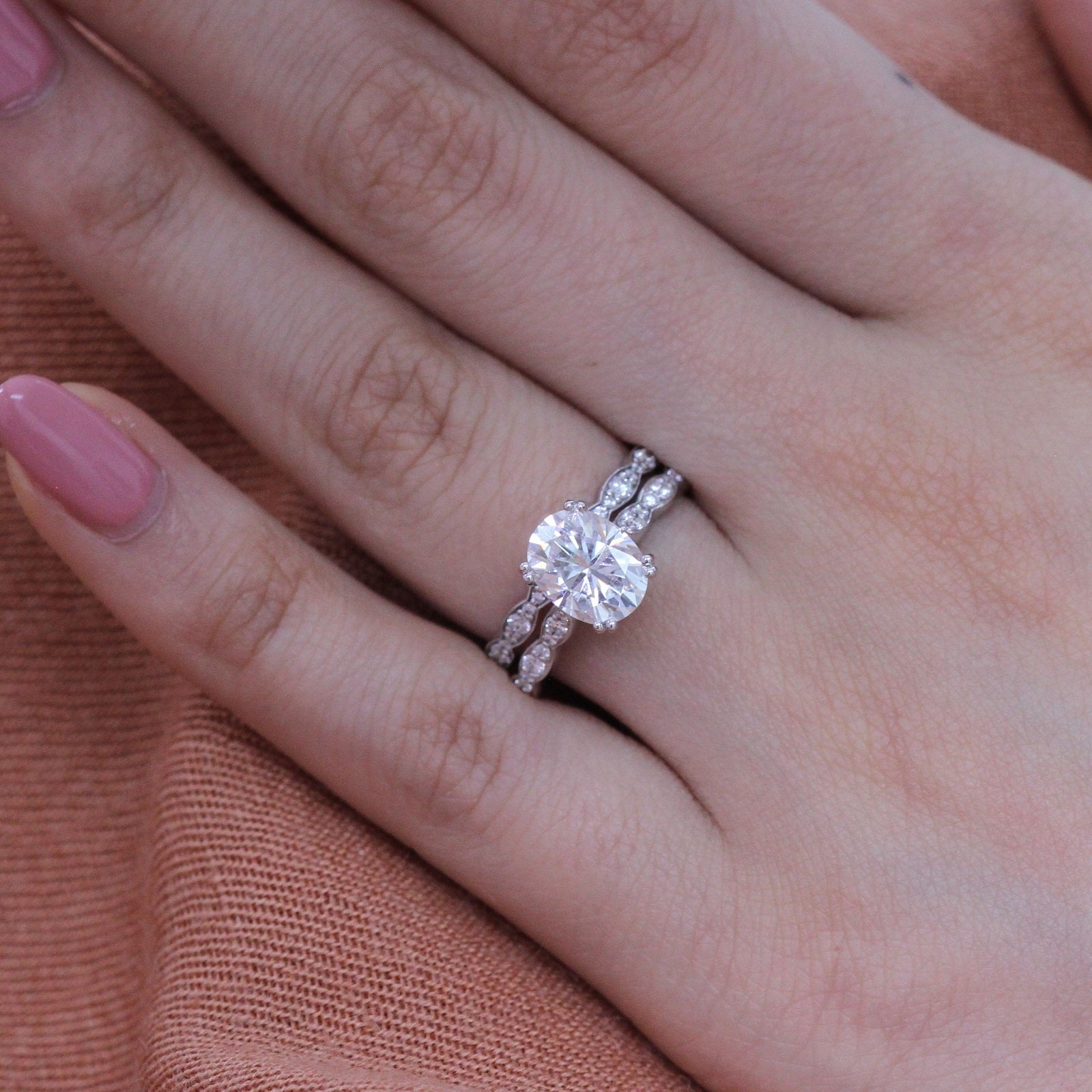 solitaire moissanite ring bridal set in white gold scalloped diamond band by la more design
