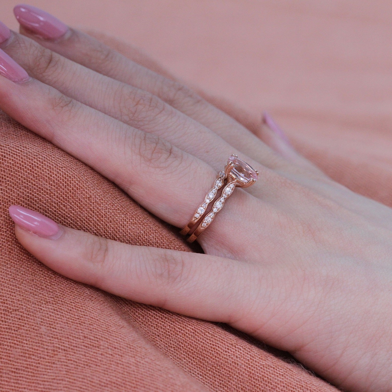 oval morganite solitaire engagement ring in rose gold scalloped diamond band by la more design