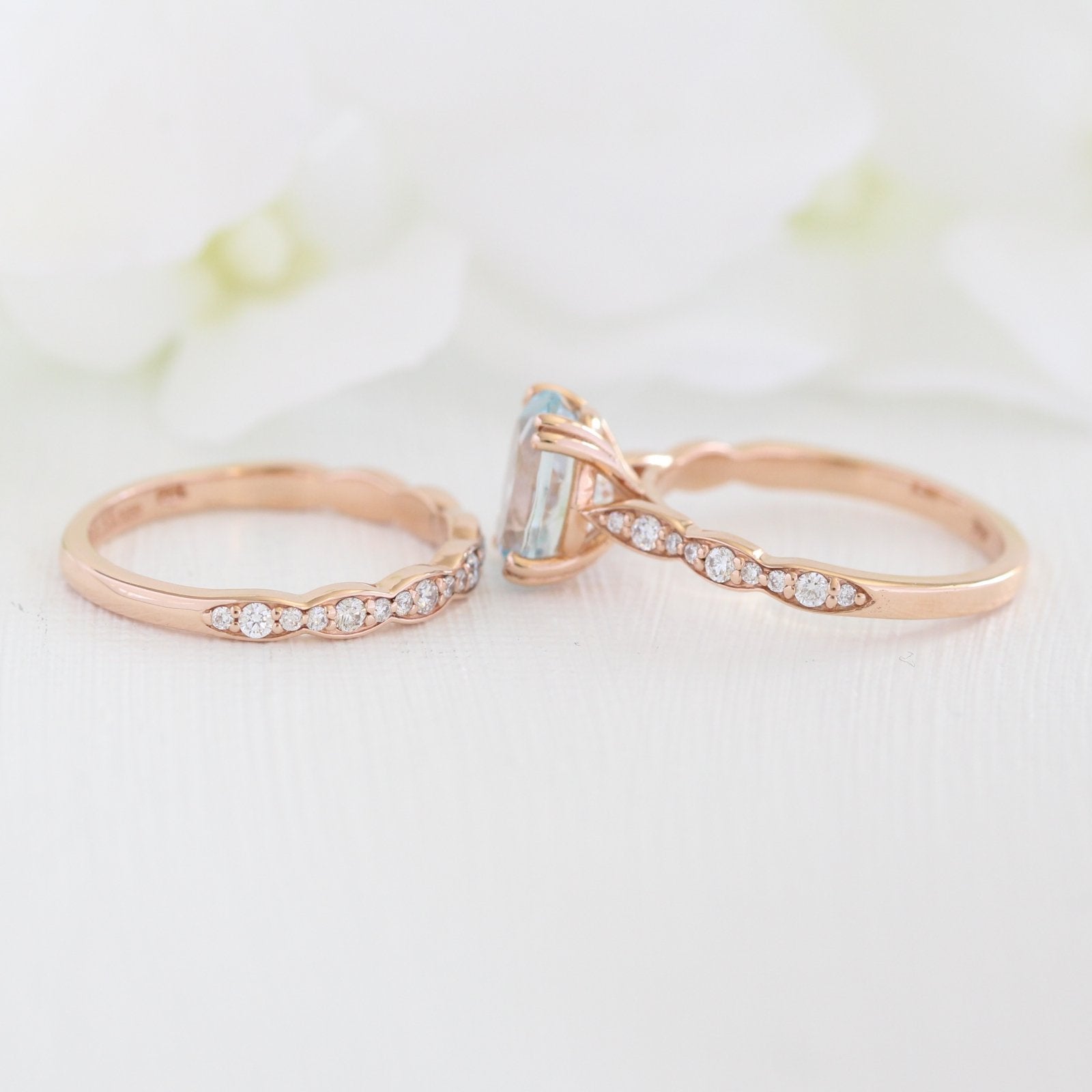 solitaire aquamarine ring bridal set in rose gold scalloped diamond band by la more design