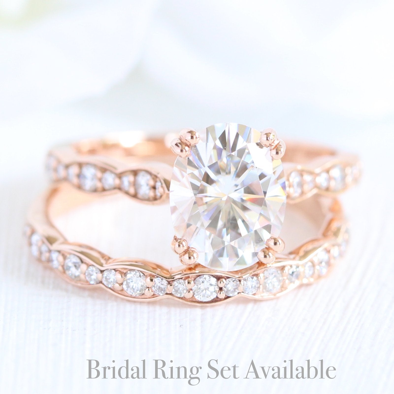 solitaire moissanite ring bridal set in rose gold scalloped diamond band by la more design