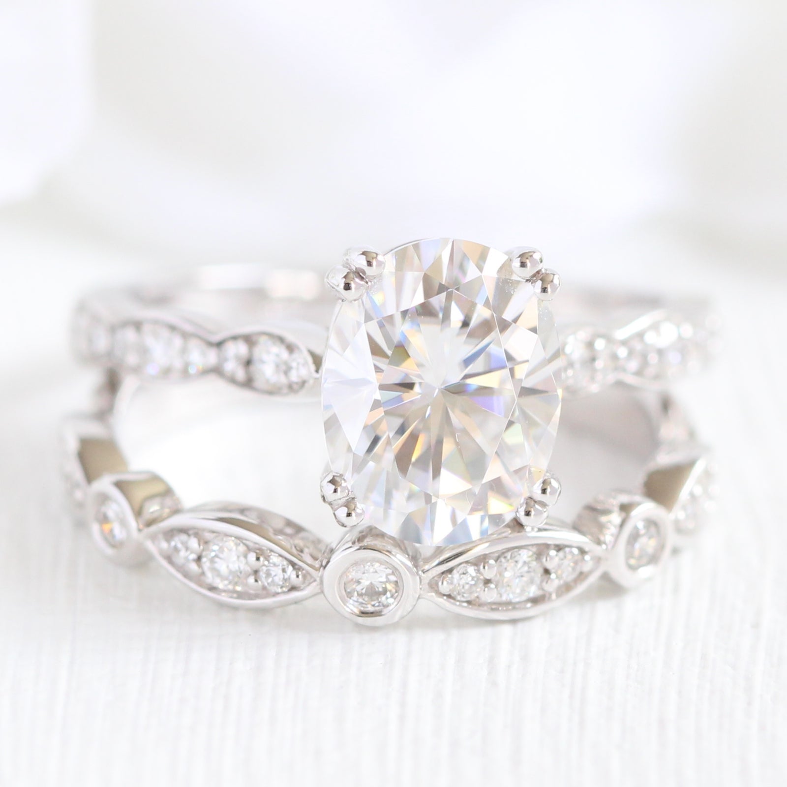 solitaire moissanite ring bridal set in white gold scalloped diamond band by la more design