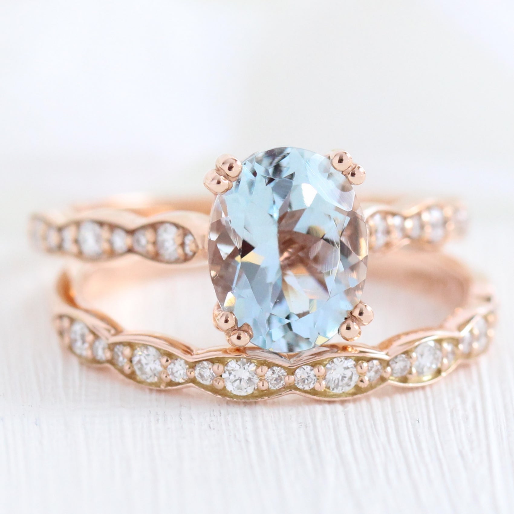solitaire aquamarine ring bridal set in rose gold scalloped diamond band by la more design jewelry
