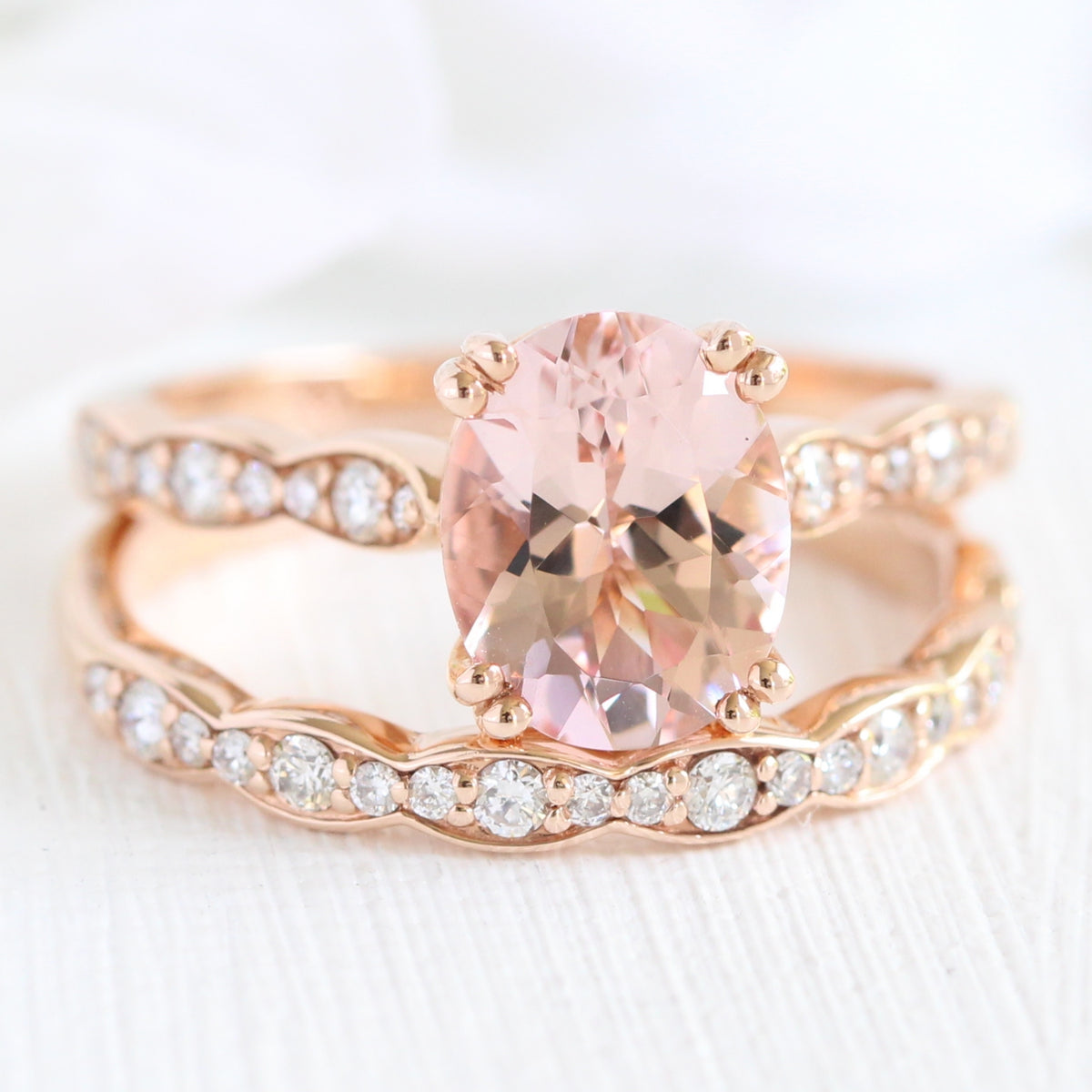 solitaire morganite bridal set in rose gold scalloped diamond band by la more design