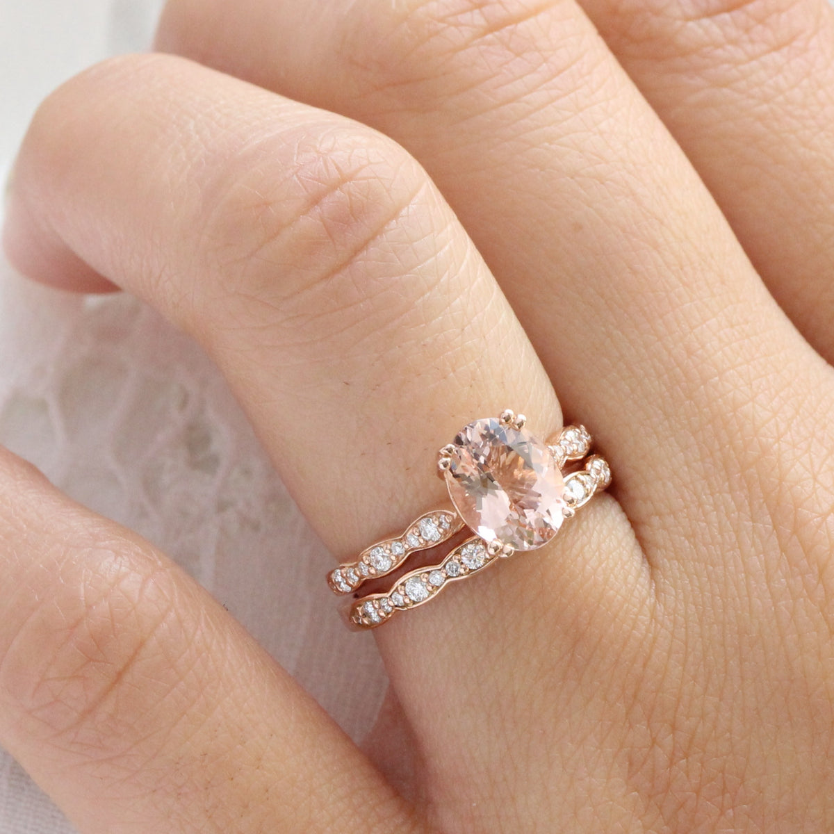 solitaire morganite bridal set in rose gold scalloped diamond band by la more design