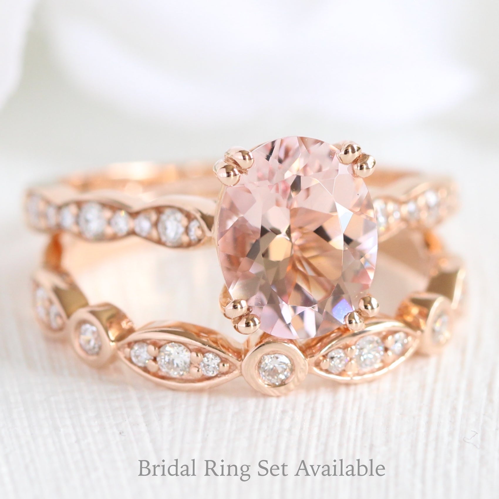 solitaire morganite bridal set in rose gold scalloped diamond band by la more design jewelry