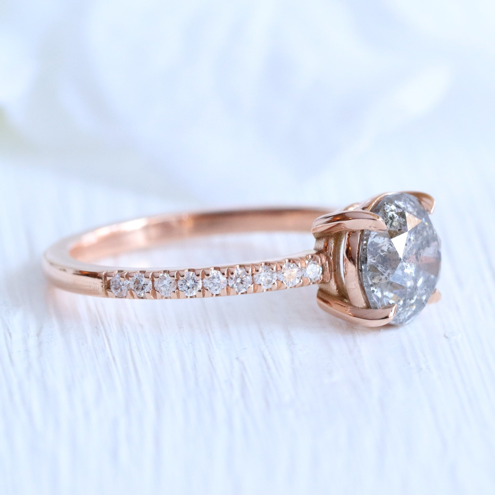 solitaire salt and pepper diamond ring rose gold low setting pave diamond engagement ring la more design jewelry