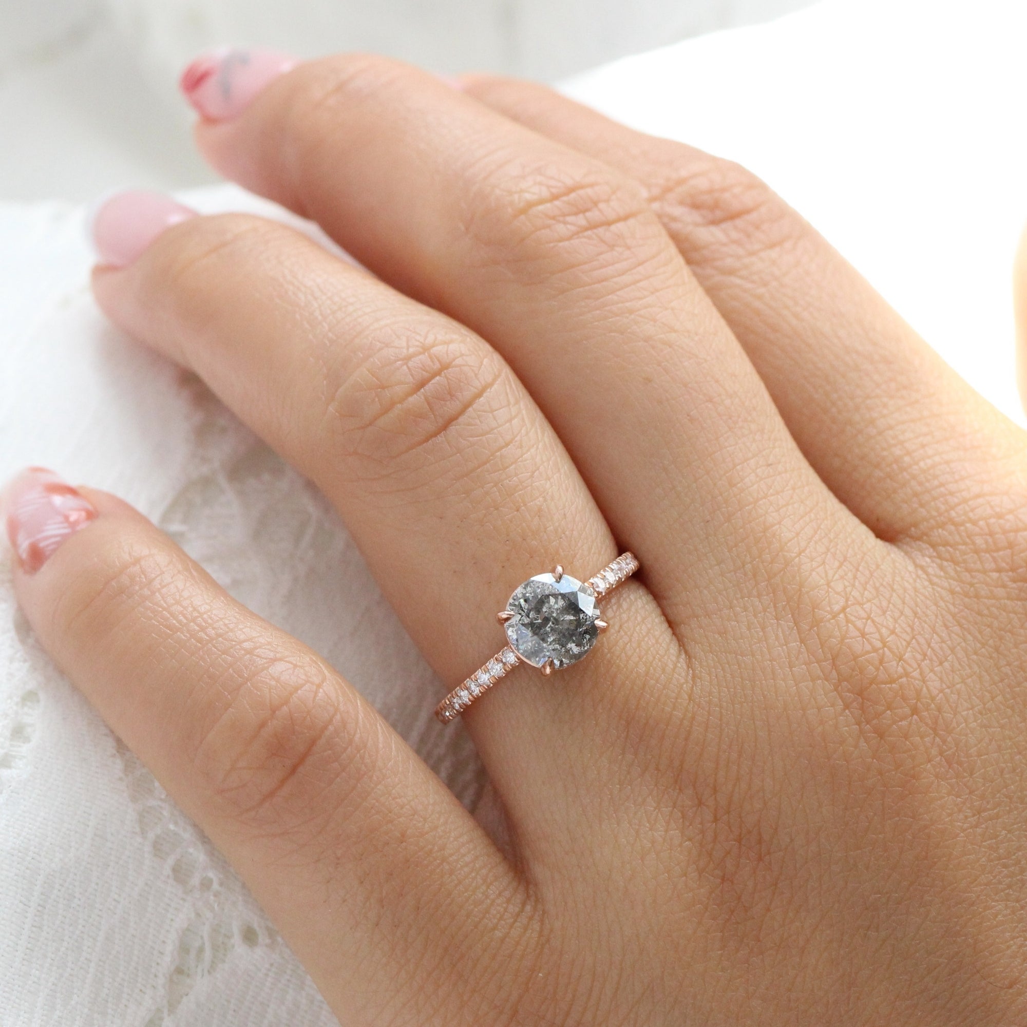 solitaire salt and pepper diamond ring rose gold low setting pave diamond engagement ring la more design jewelry