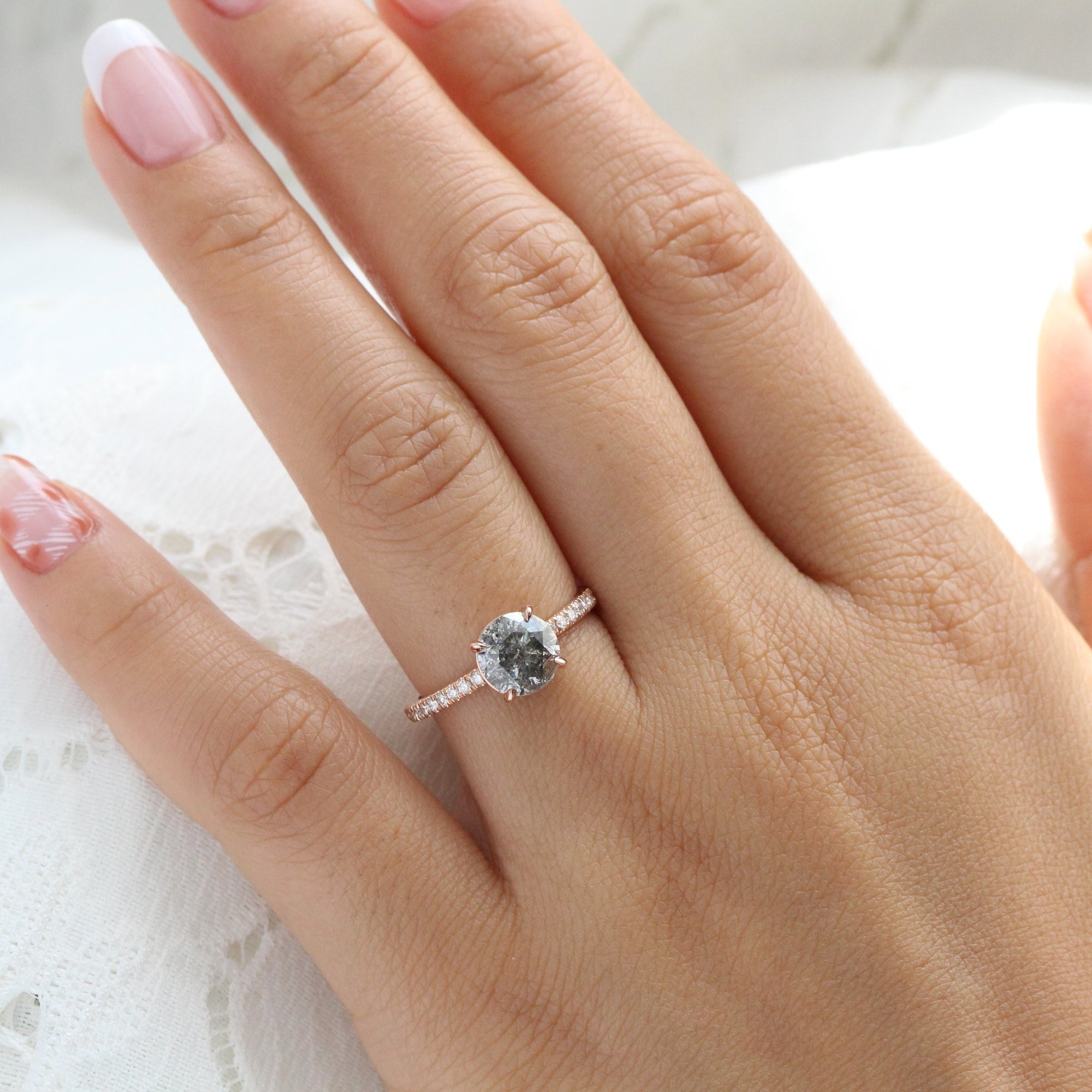 solitaire salt and pepper diamond ring rose gold low setting pave diamond engagement ring la more design jewelry