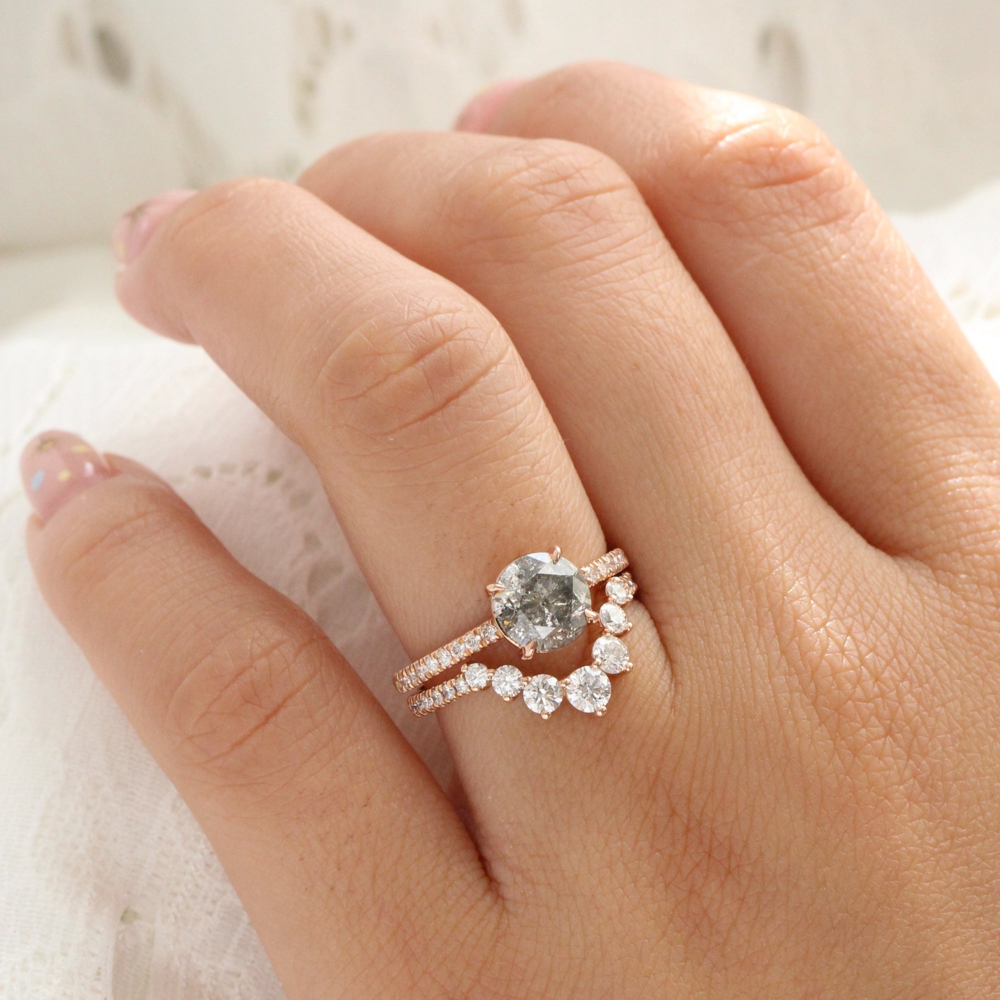 solitaire salt and pepper diamond ring rose gold low setting pave diamond engagement ring la more design jewelry