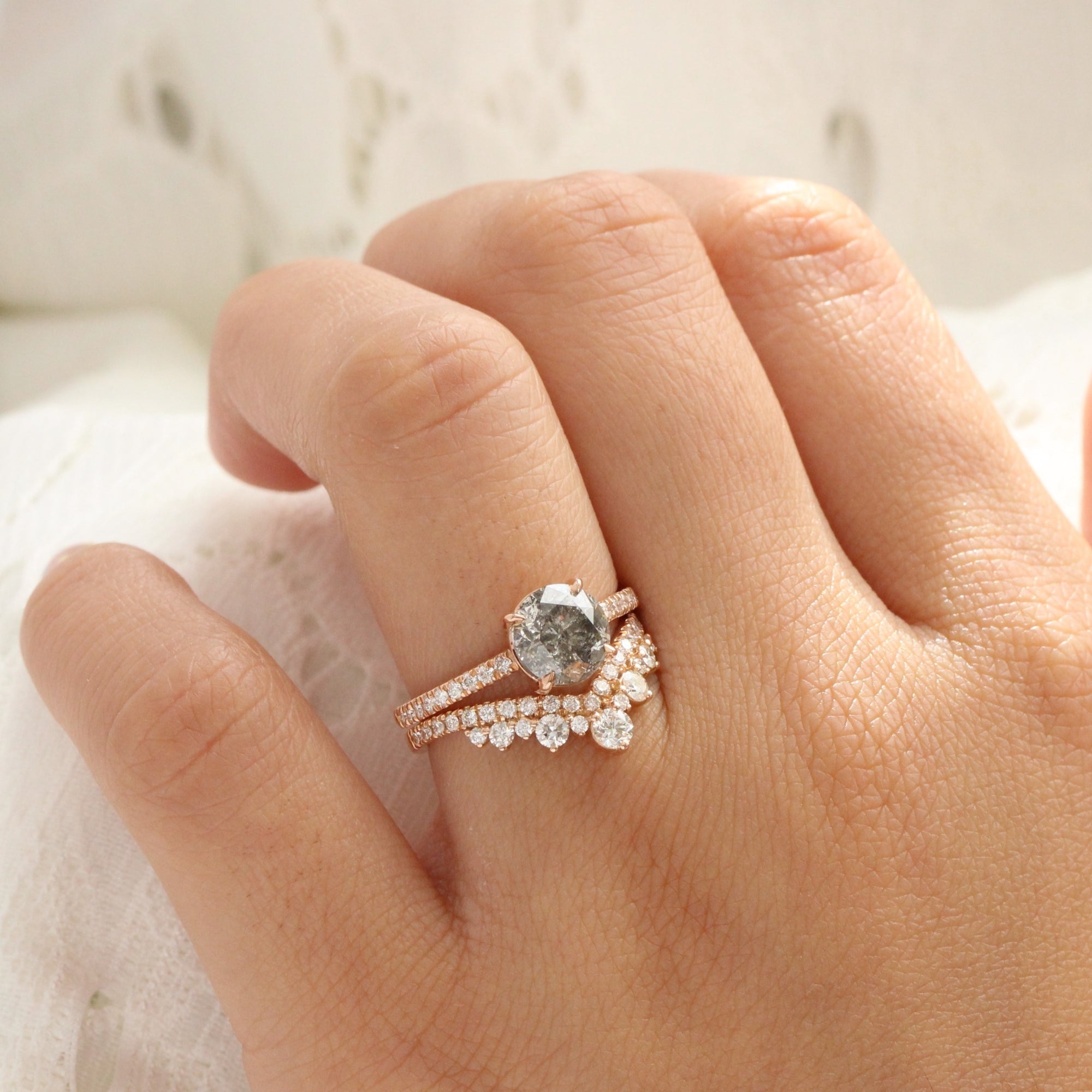 solitaire salt and pepper diamond ring rose gold low setting pave diamond engagement ring la more design jewelry
