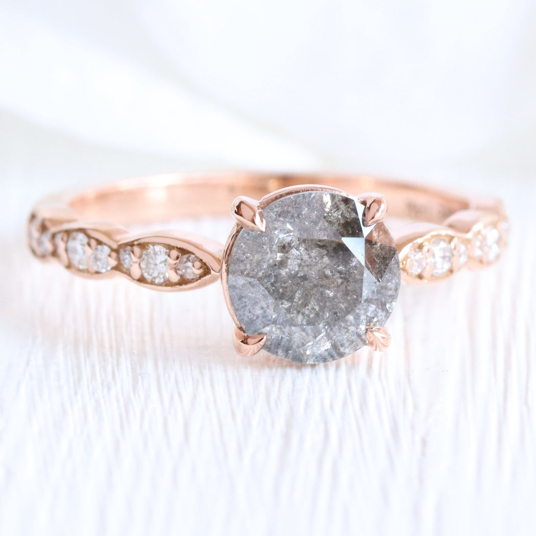 Natural Salt and Pepper Diamond Ring Rose Gold Low Set Solitaire Ring ...