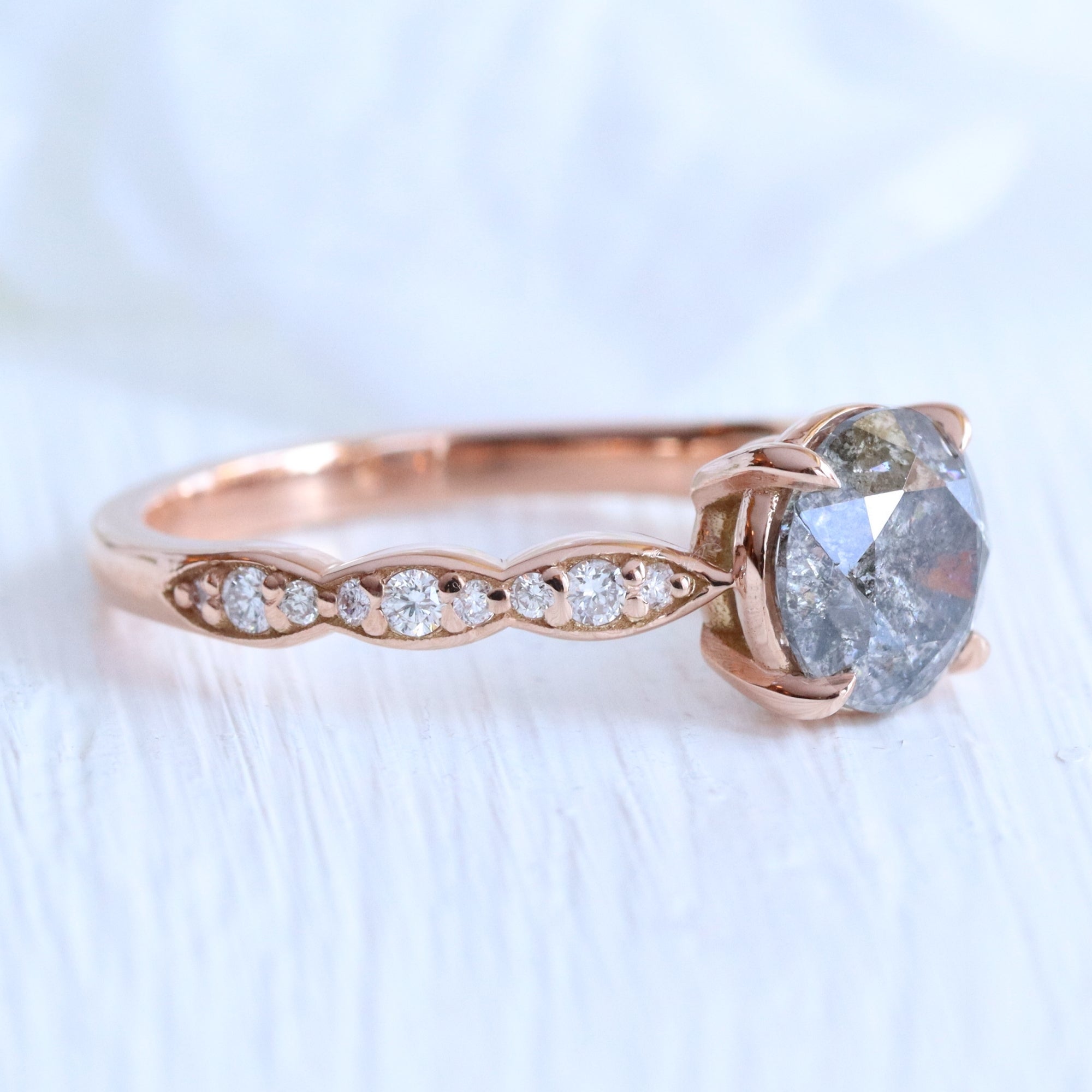 solitaire salt and pepper diamond ring rose gold low setting scalloped diamond engagement ring la more design jewelry