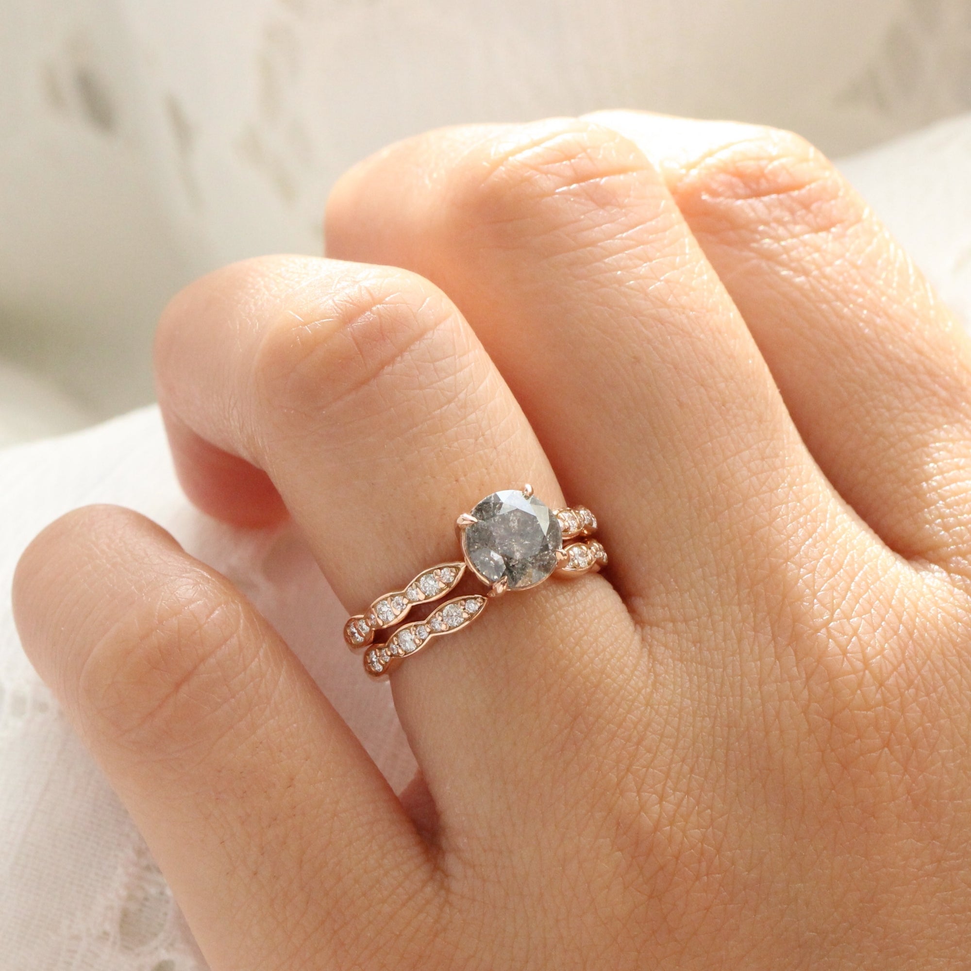 solitaire salt and pepper diamond ring rose gold low setting scalloped diamond engagement ring la more design jewelry