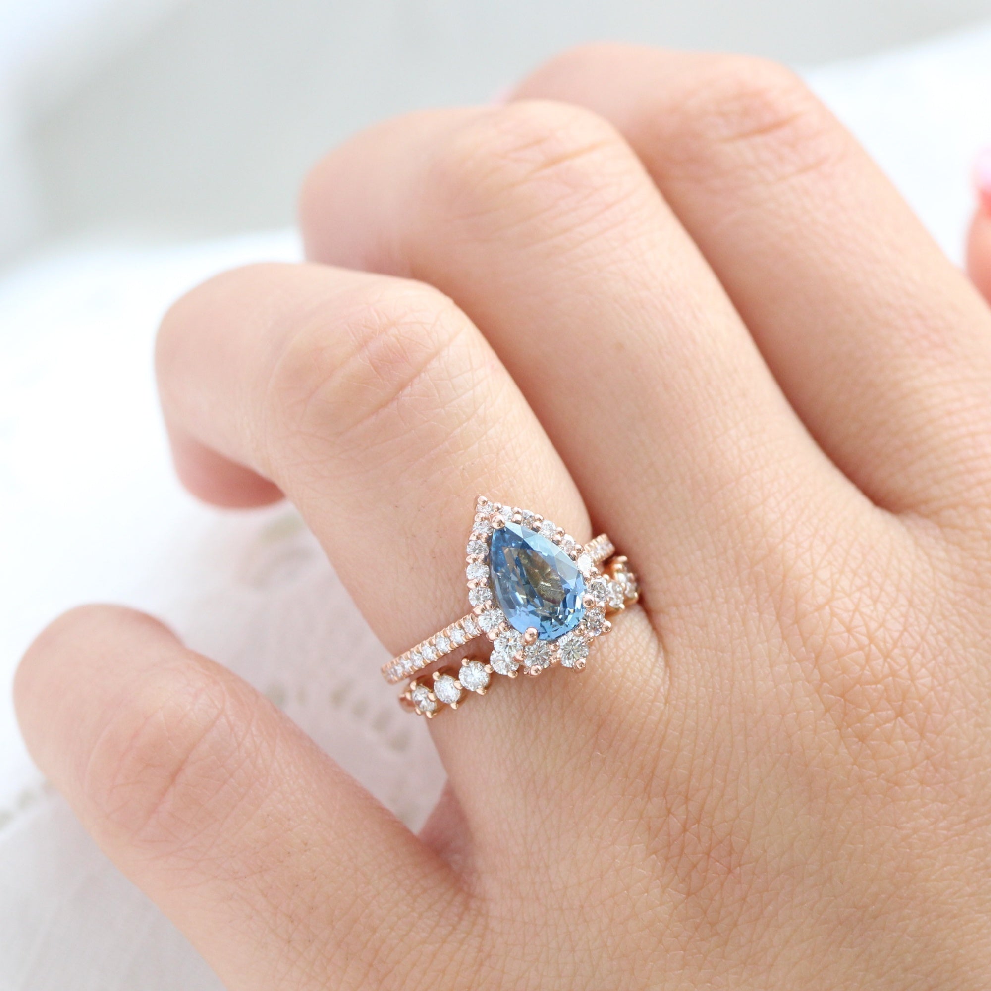 teal blue sapphire ring rose gold halo diamond pear engagement ring la more design jewelry