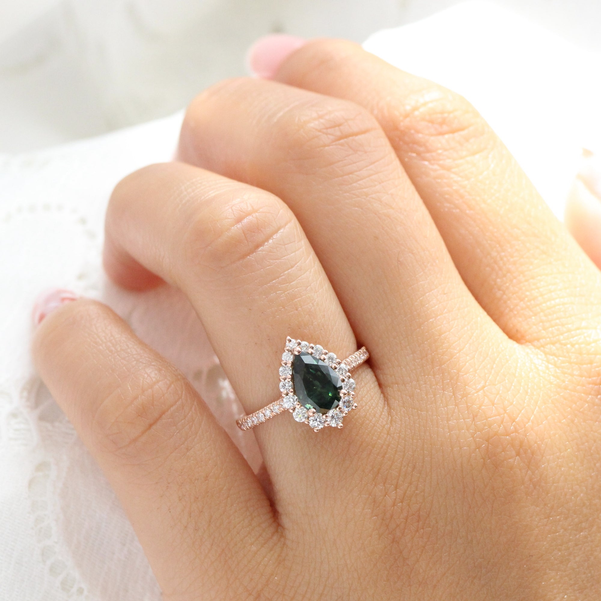 teal green sapphire engagement ring halo diamond pear engagement ring la more design jewelry