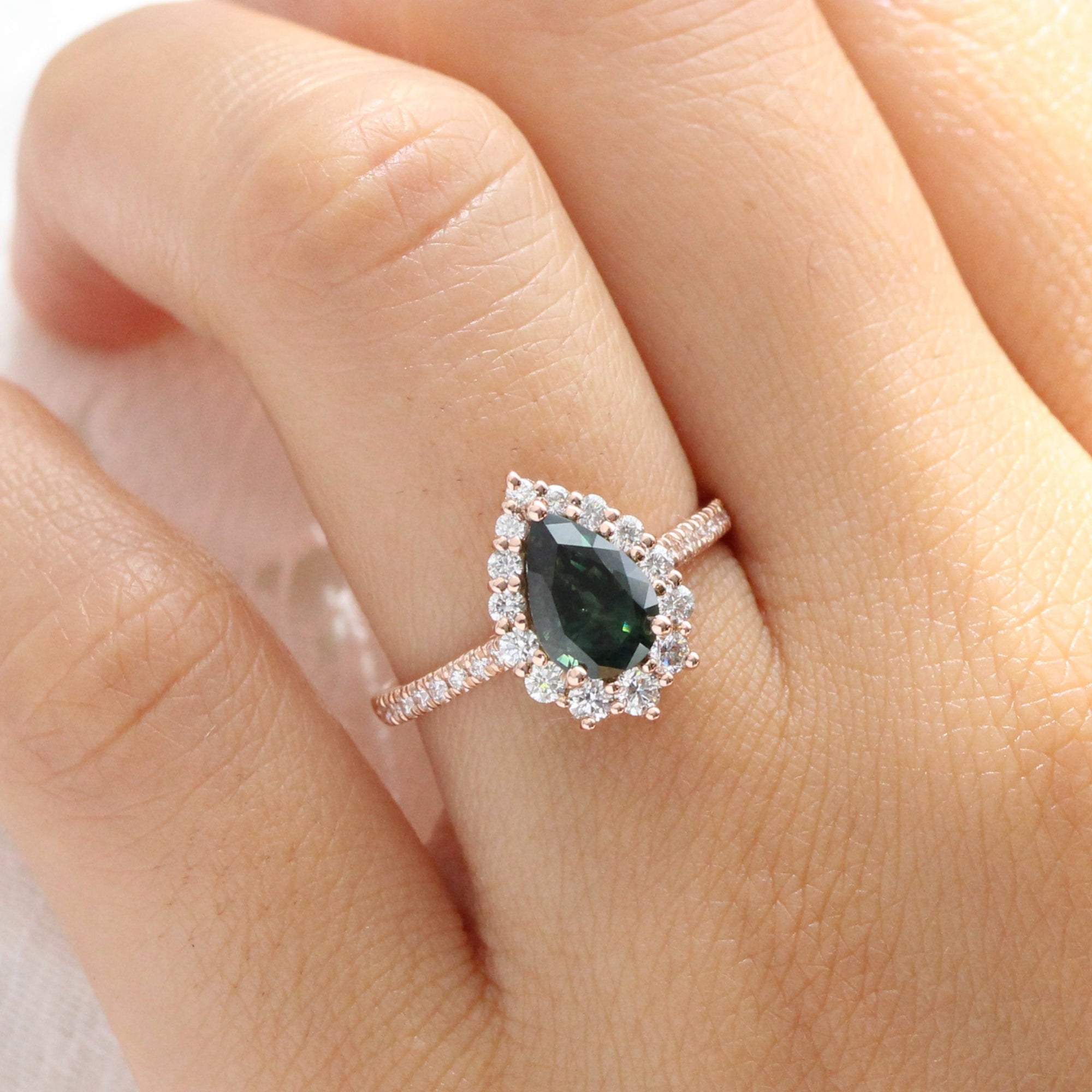 teal green sapphire engagement ring halo diamond pear engagement ring la more design jewelry