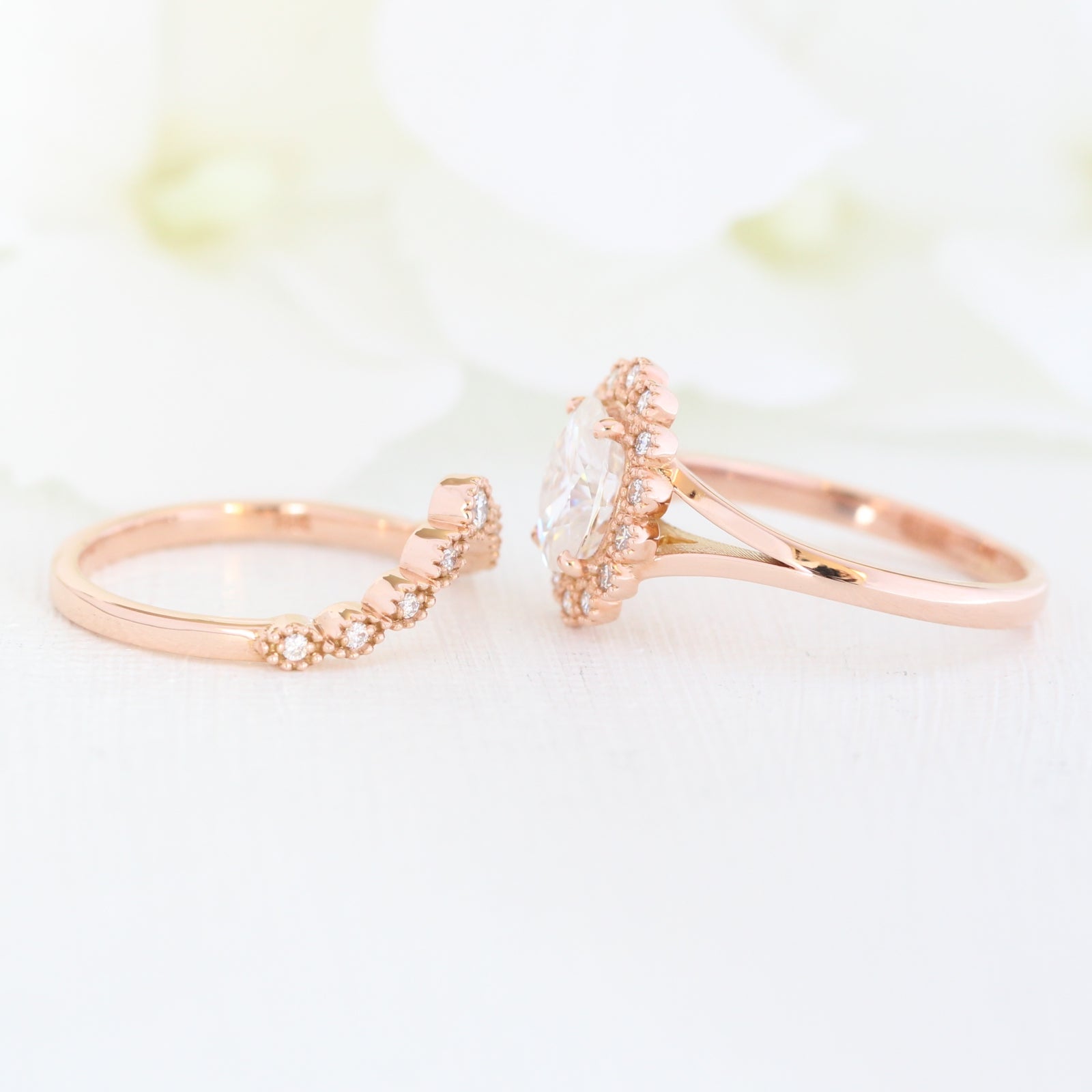 unique moissanite ring bridal set in rose gold vintage inspired diamond ring by la more design