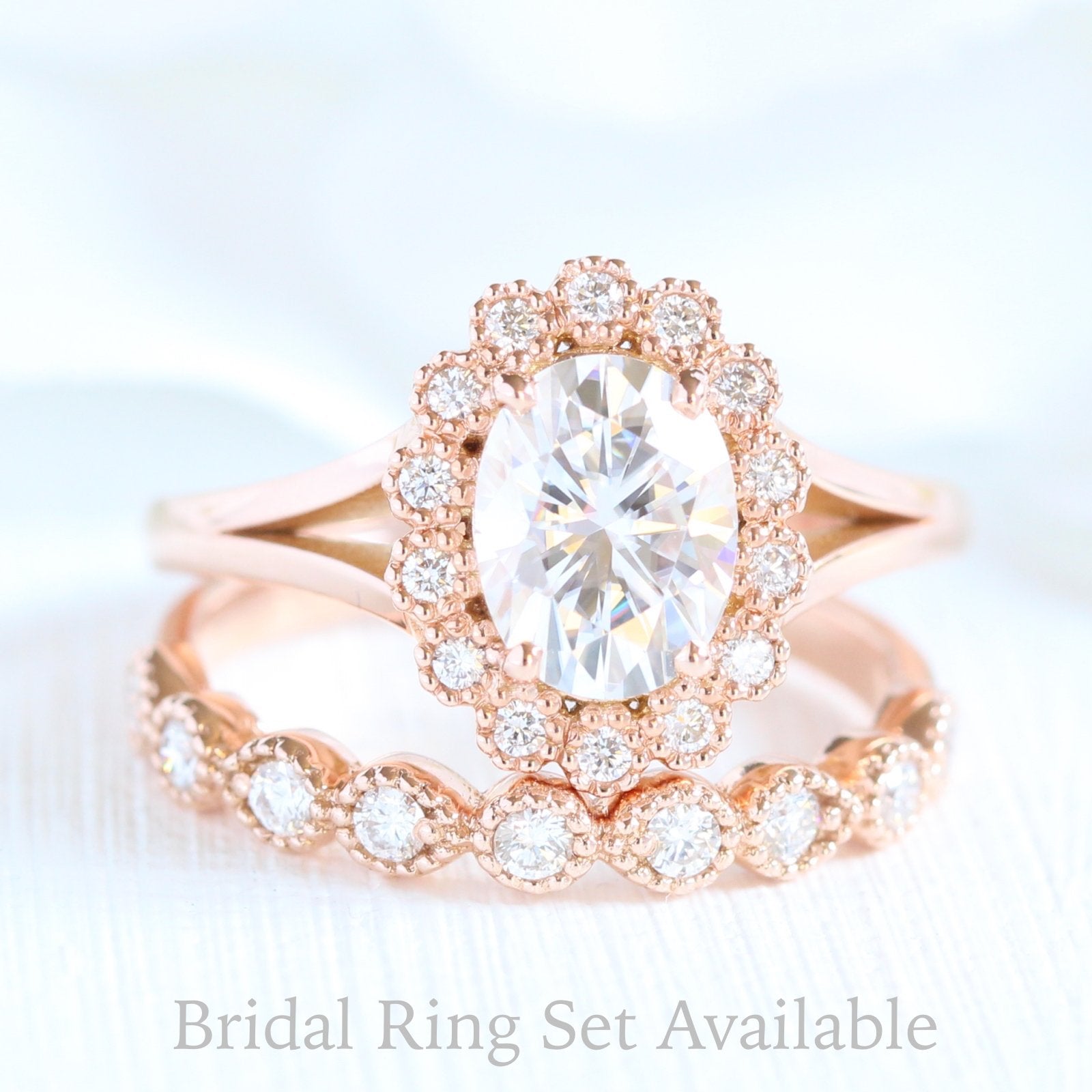 unique moissanite ring bridal set in rose gold vintage inspired diamond ring by la more design