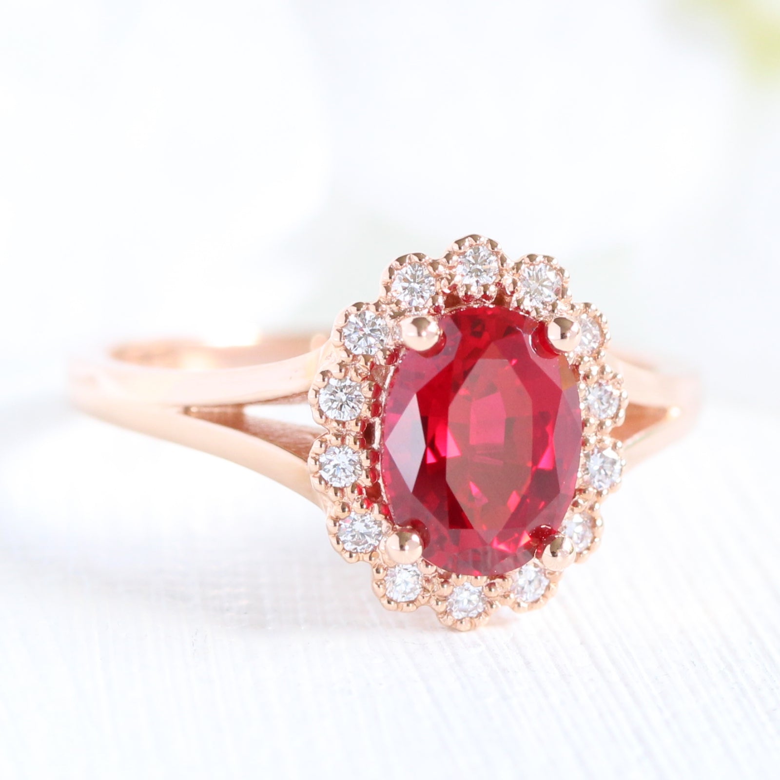 oval ruby vintage halo engagement ring rose gold split shank band by la more design