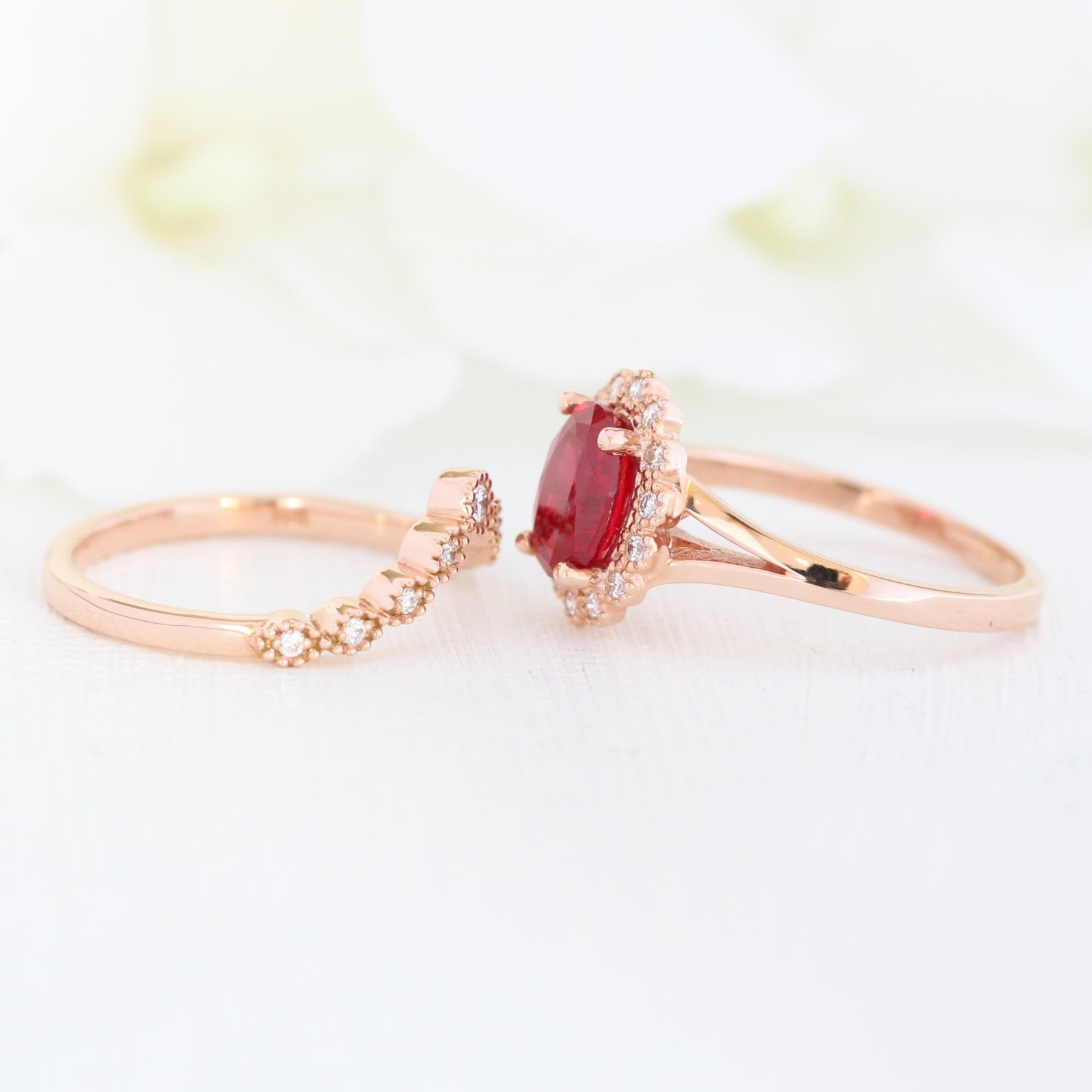unique ruby ring bridal set in rose gold vintage inspired diamond ring by la more design