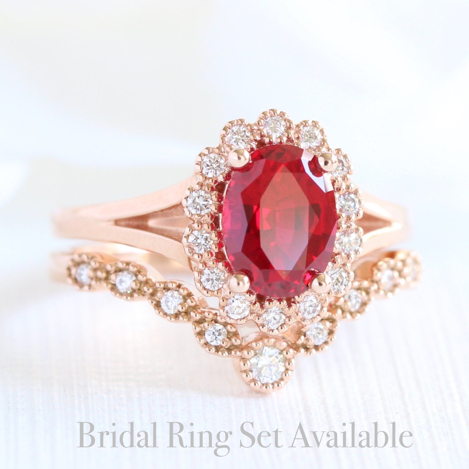 unique ruby ring bridal set in rose gold vintage inspired diamond ring by la more design