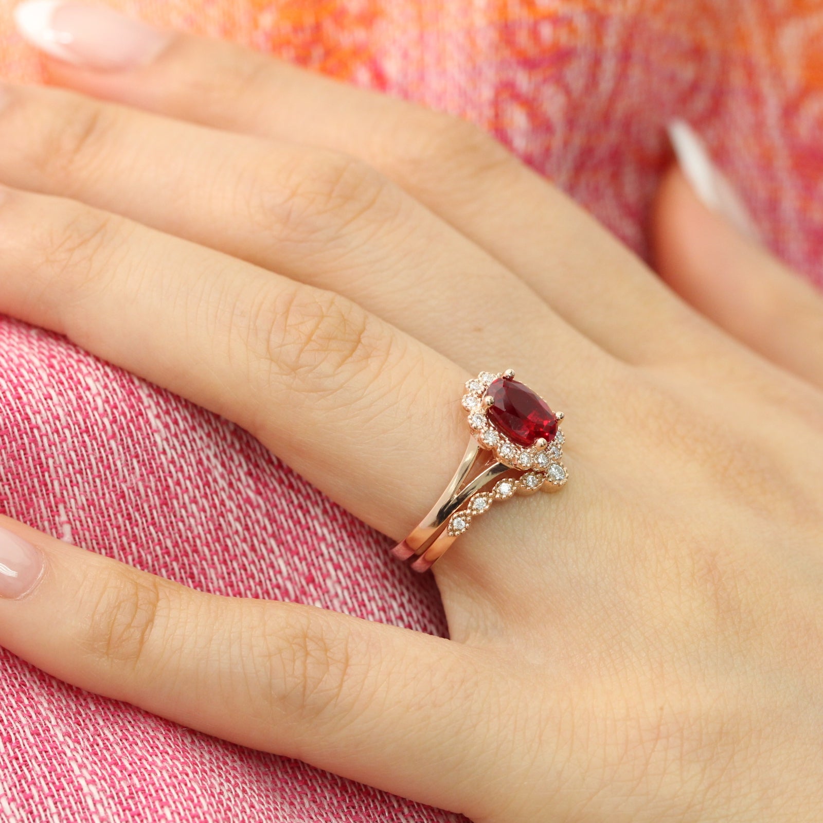 unique ruby ring bridal set in rose gold vintage inspired diamond ring by la more design