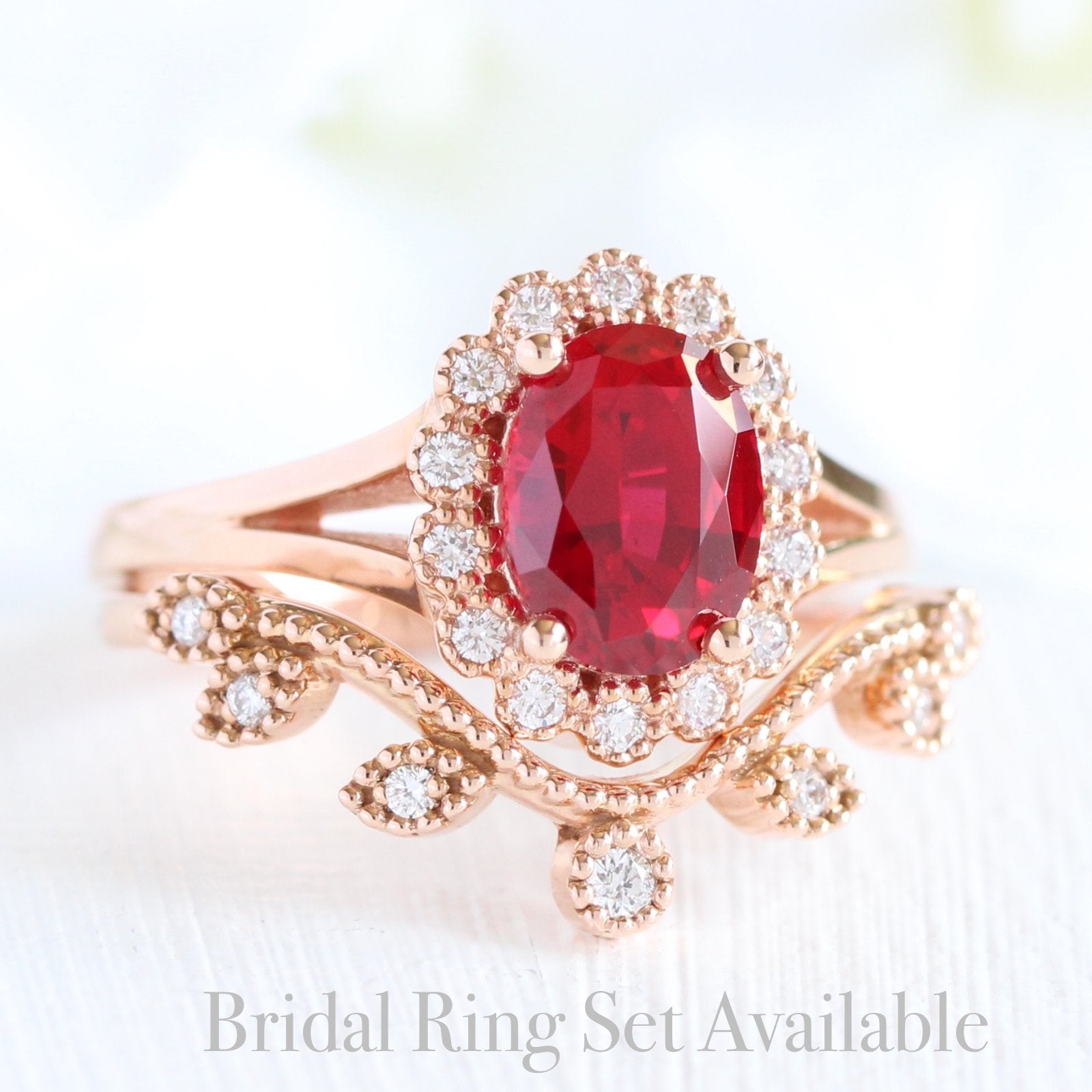 unique ruby ring bridal set in rose gold vintage inspired diamond ring by la more design
