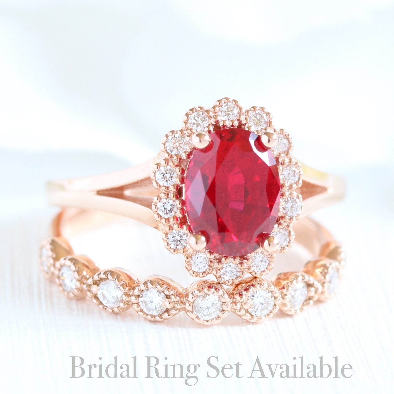 unique ruby ring bridal set in rose gold vintage inspired diamond ring by la more design