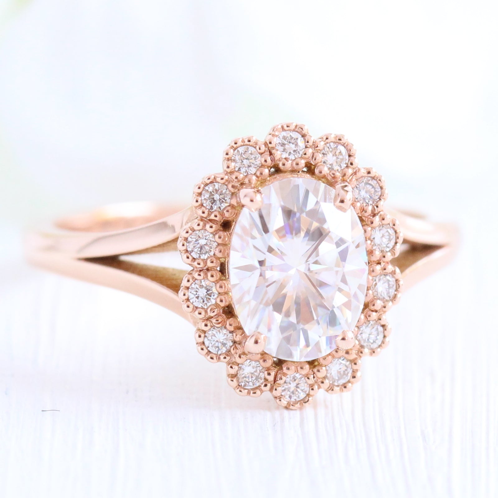 unique moissanite engagement ring in rose gold vintage inspired diamond ring by la more design jewelry