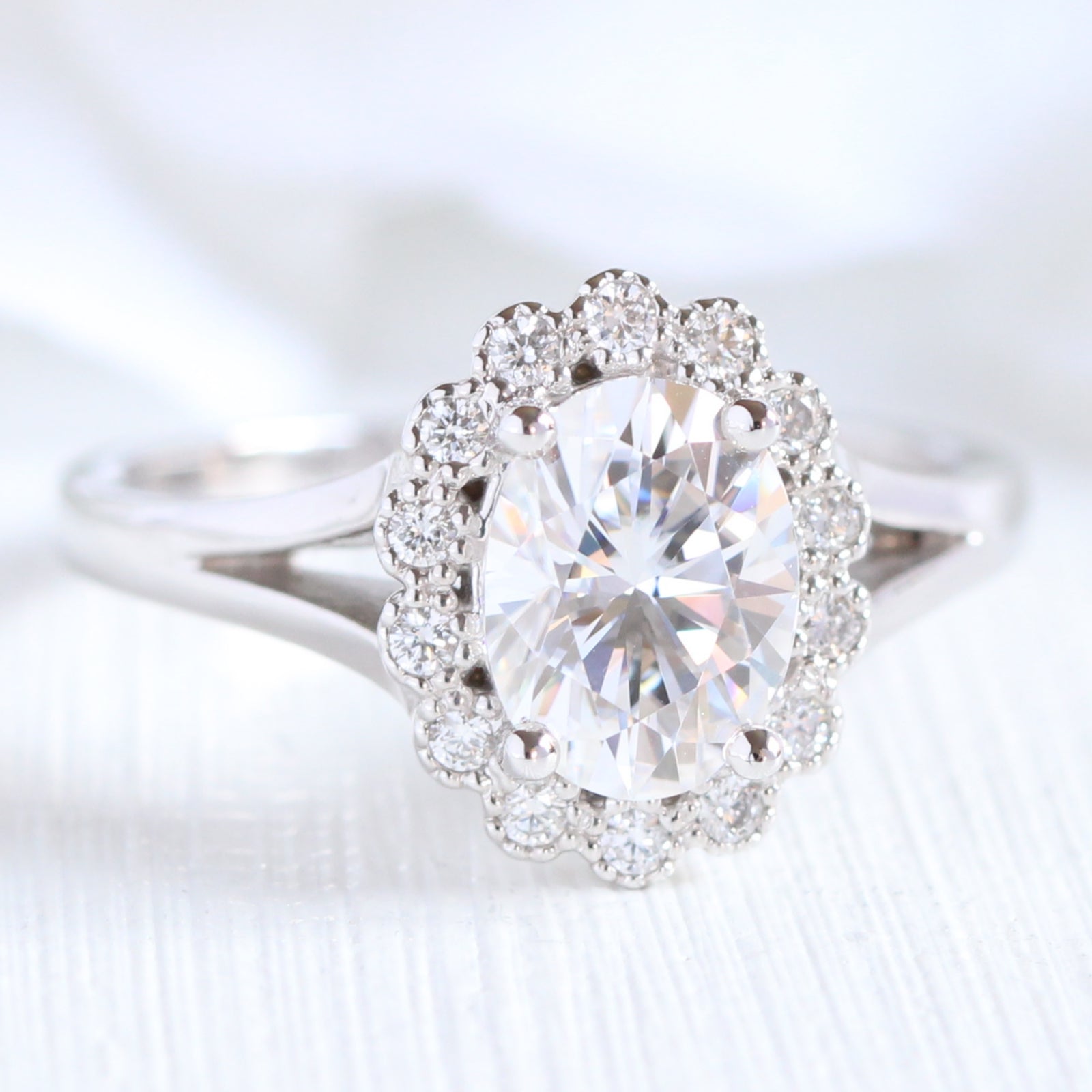 unique moissanite engagement ring in white gold vintage inspired diamond ring by la more design jewelry