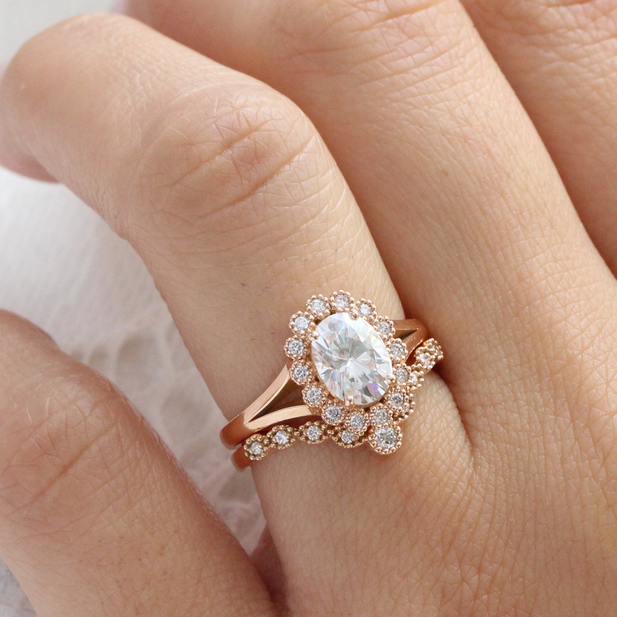 unique moissanite ring bridal set in rose gold vintage inspired diamond ring by la more design-