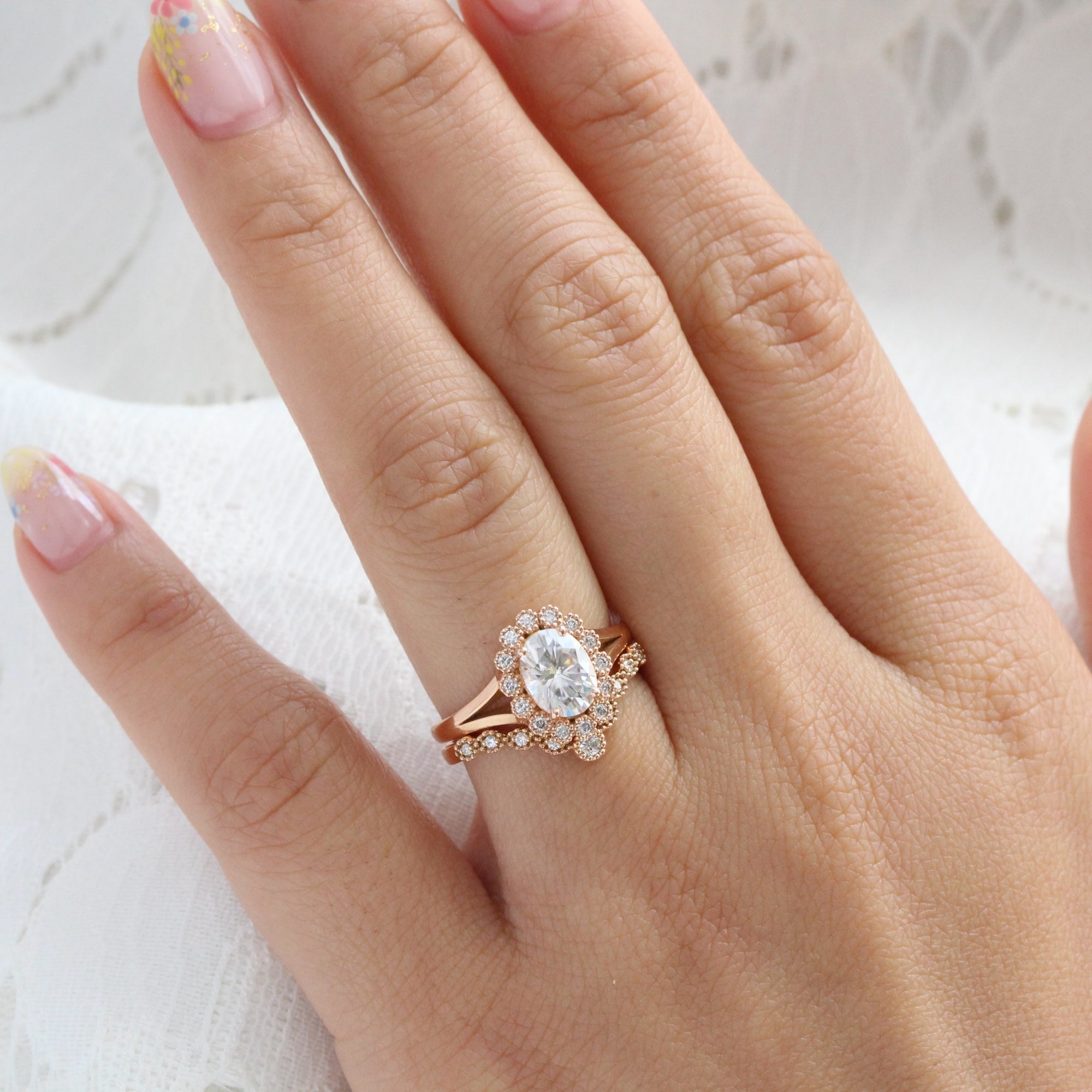 unique moissanite ring bridal set in rose gold vintage inspired diamond ring by la more design