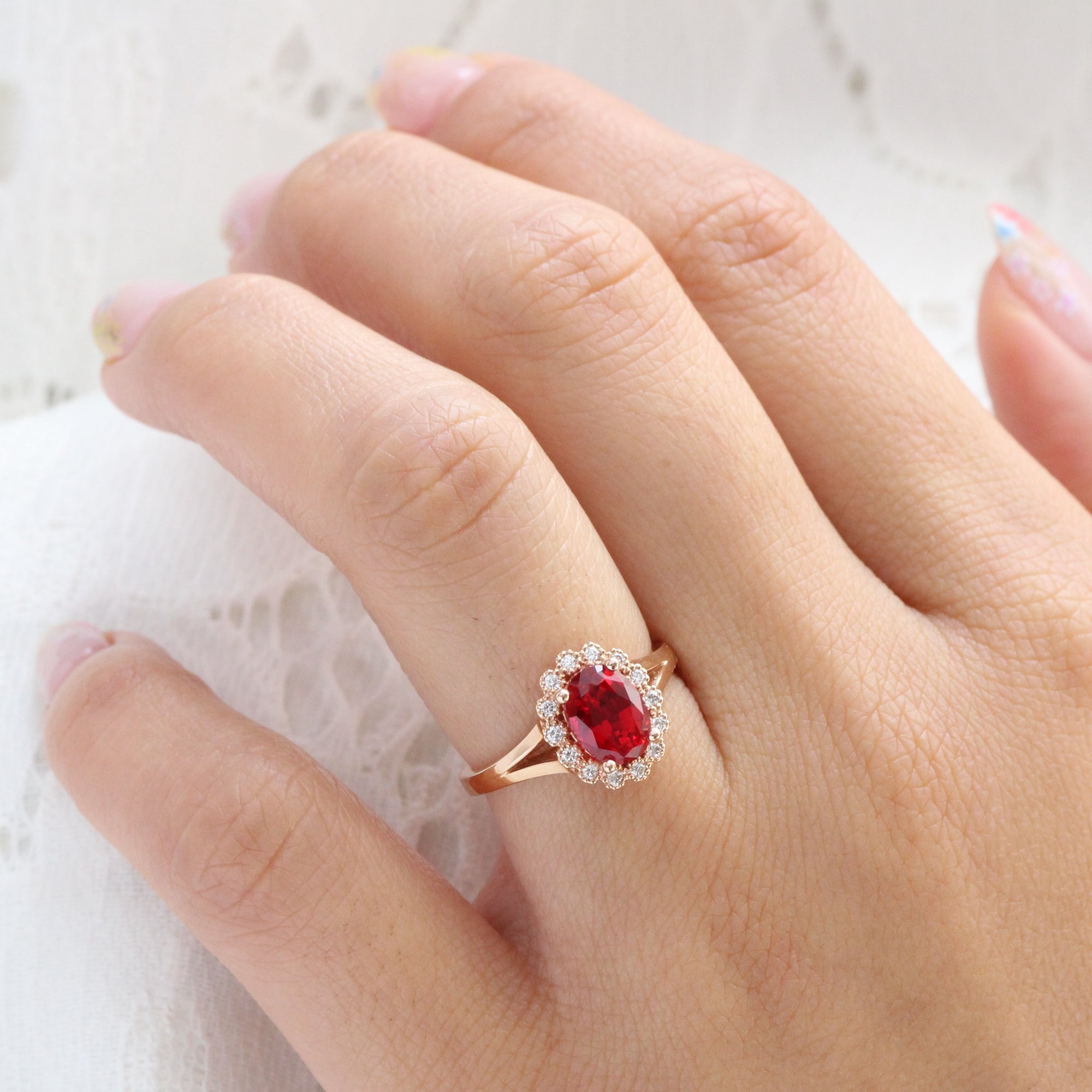 Oval Ruby Engagement Ring Rose Gold Vintage Style Halo Diamond