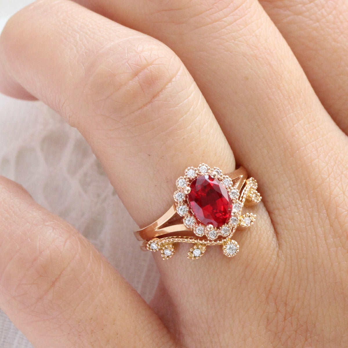 unique ruby ring bridal set in rose gold vintage inspired diamond ring by la more design