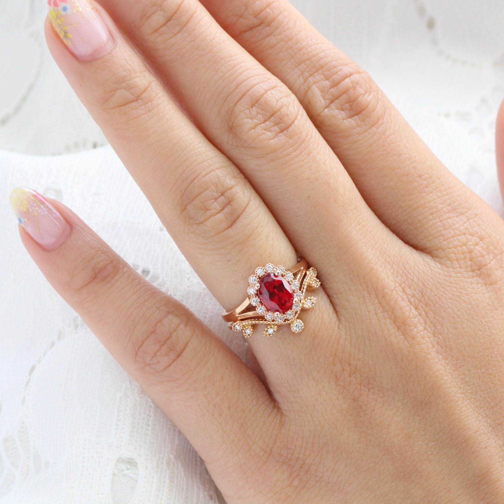 unique ruby ring bridal set in rose gold vintage inspired diamond ring by la more design
