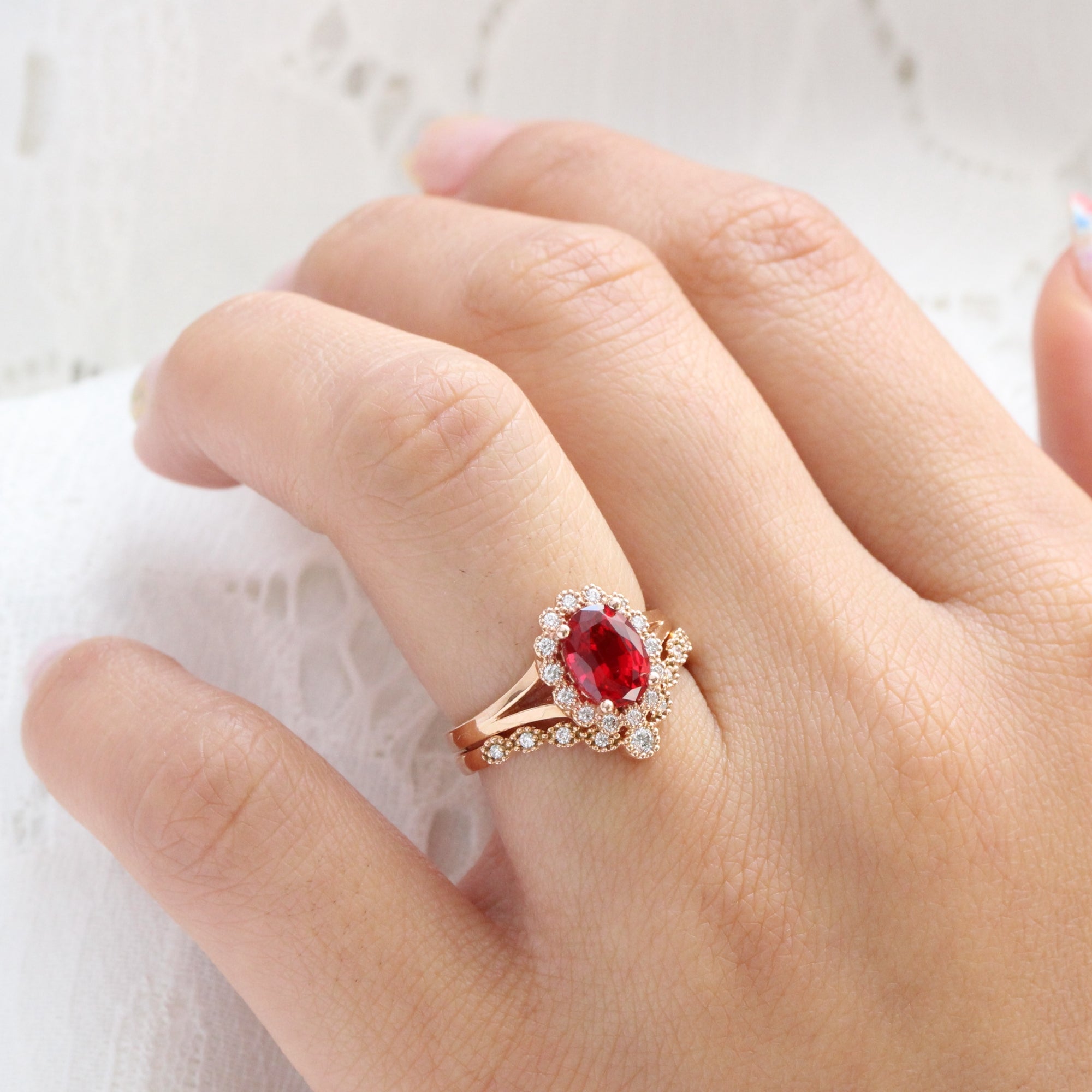 unique ruby ring bridal set in rose gold vintage inspired diamond ring by la more design