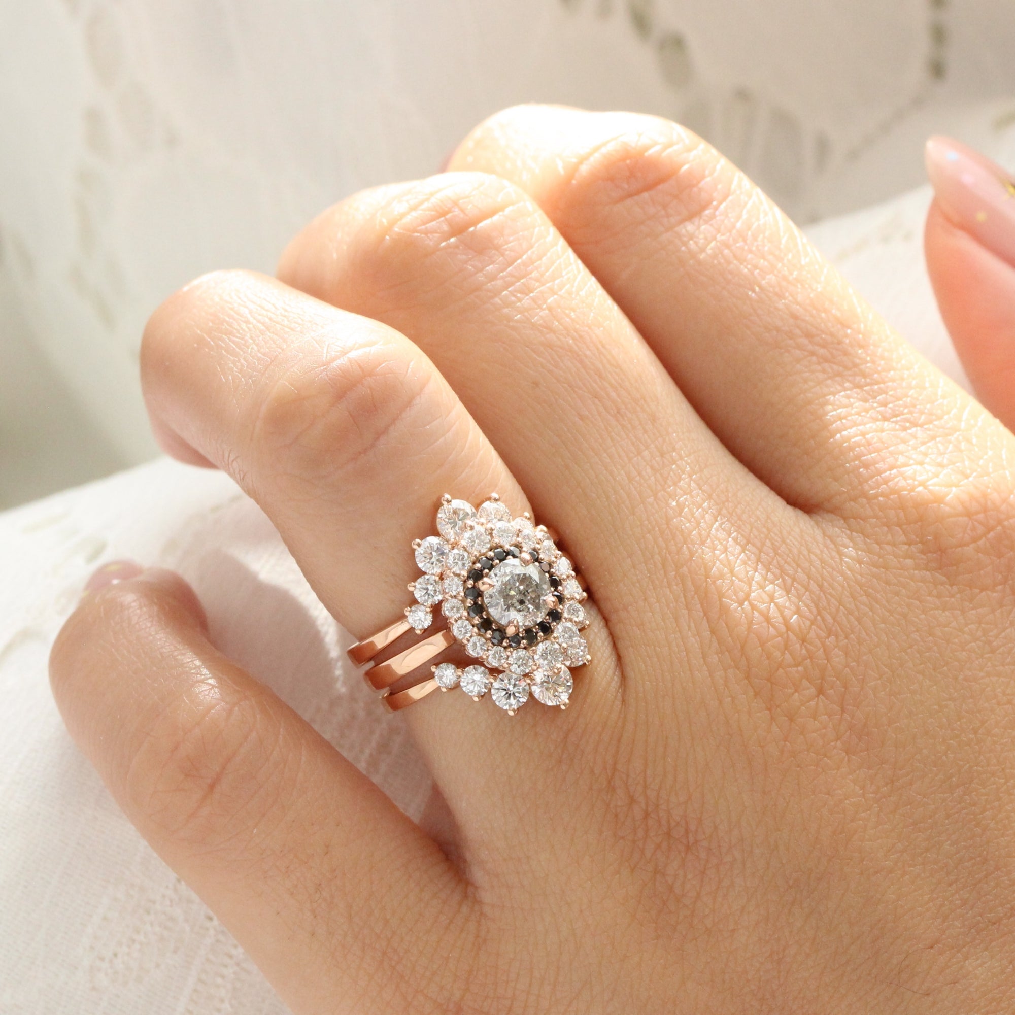 unique salt and pepper diamond engagement ring rose gold double halo black diamond ring la more design jewelry