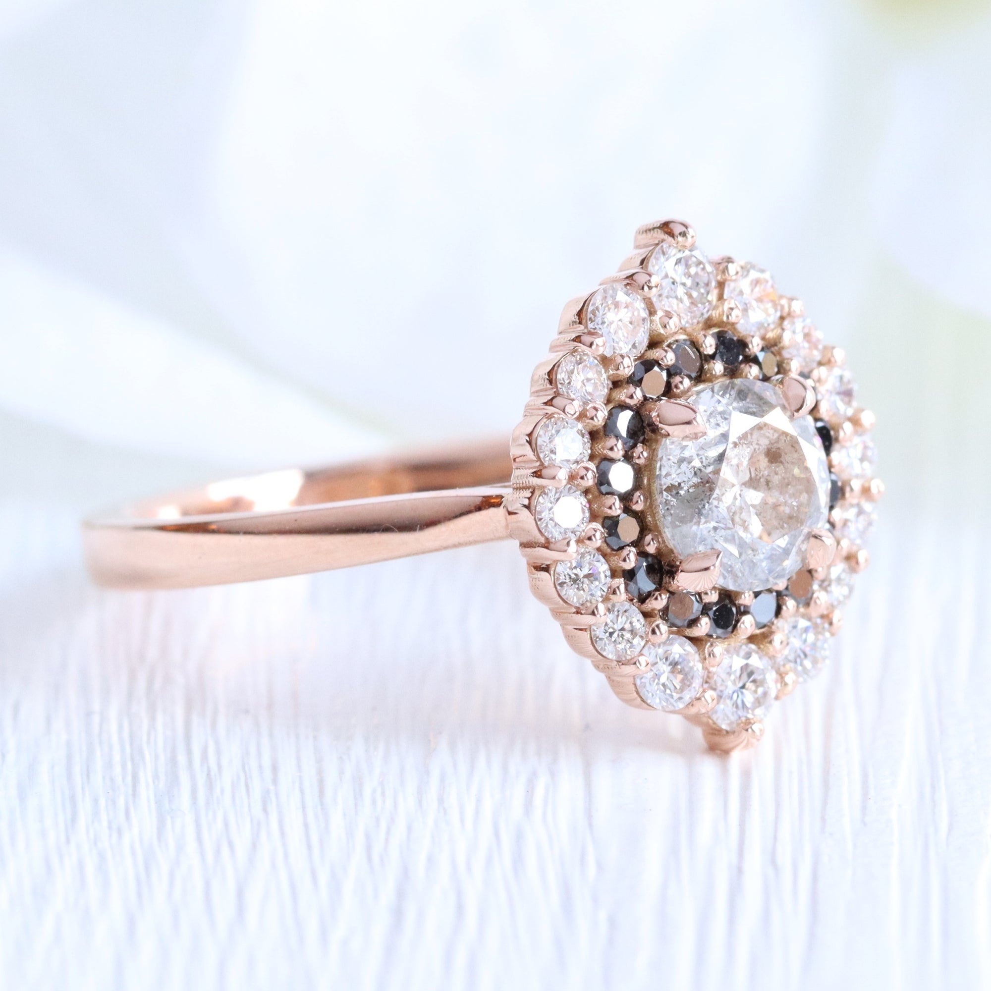 unique salt and pepper diamond engagement ring rose gold double halo black diamond ring la more design jewelry
