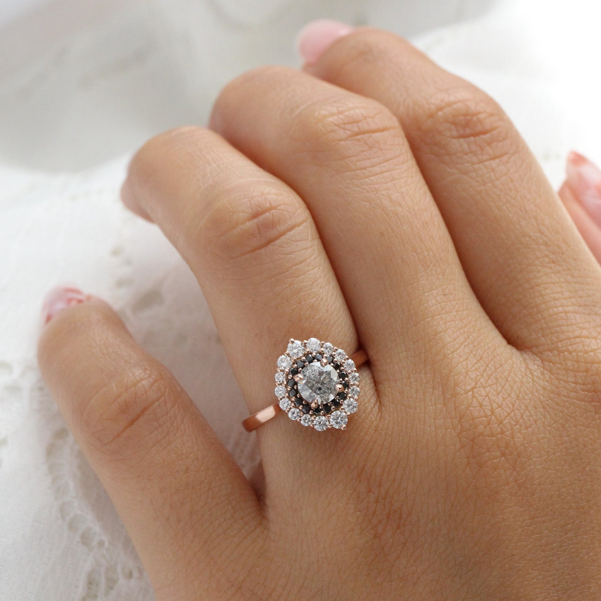 unique salt and pepper diamond engagement ring rose gold double halo black diamond ring la more design jewelry