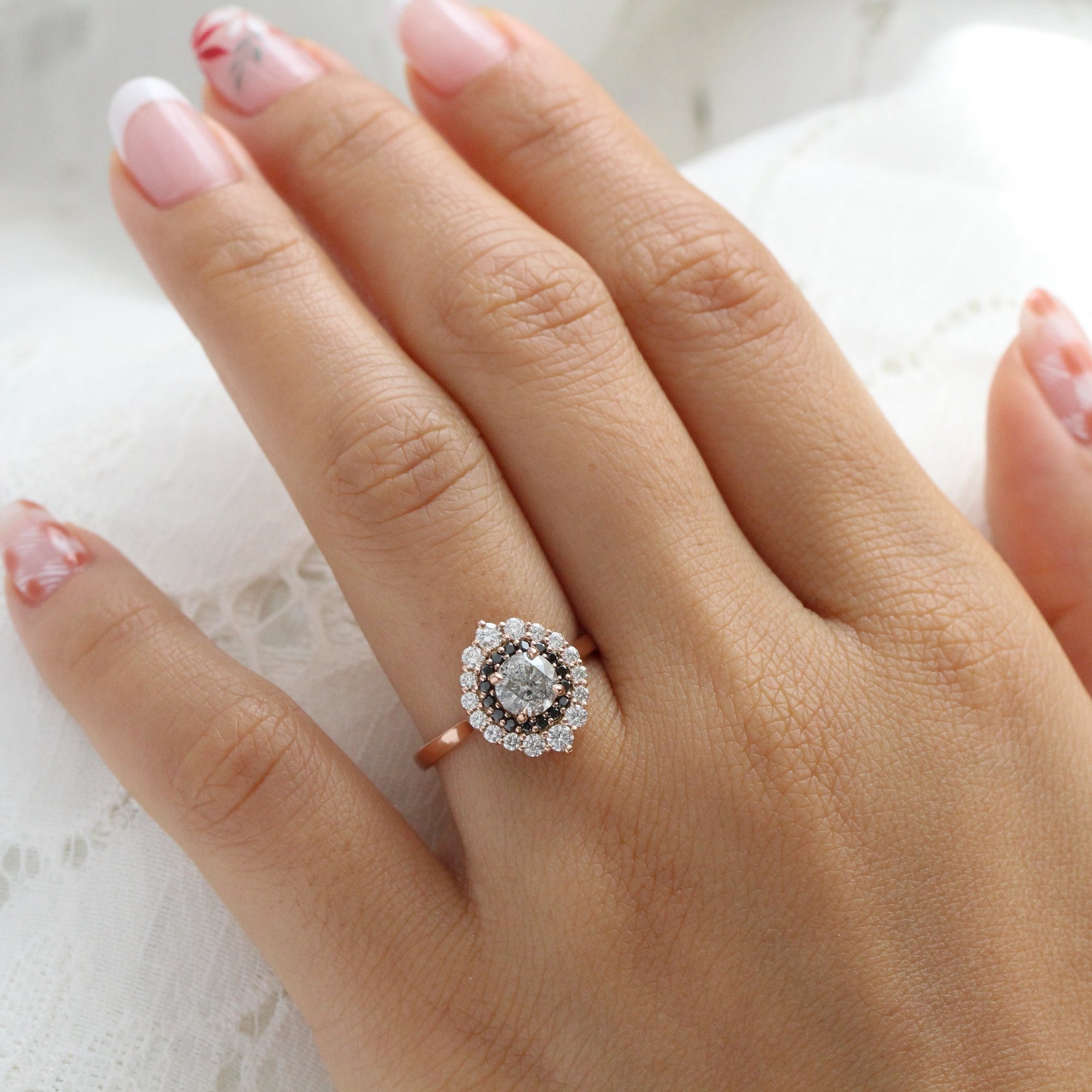 unique salt and pepper diamond engagement ring rose gold double halo black diamond ring la more design jewelry