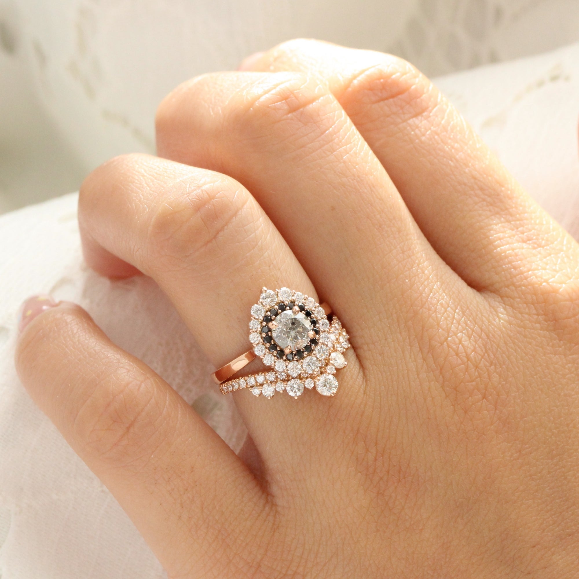 unique salt and pepper diamond engagement ring rose gold double halo black diamond ring la more design jewelry