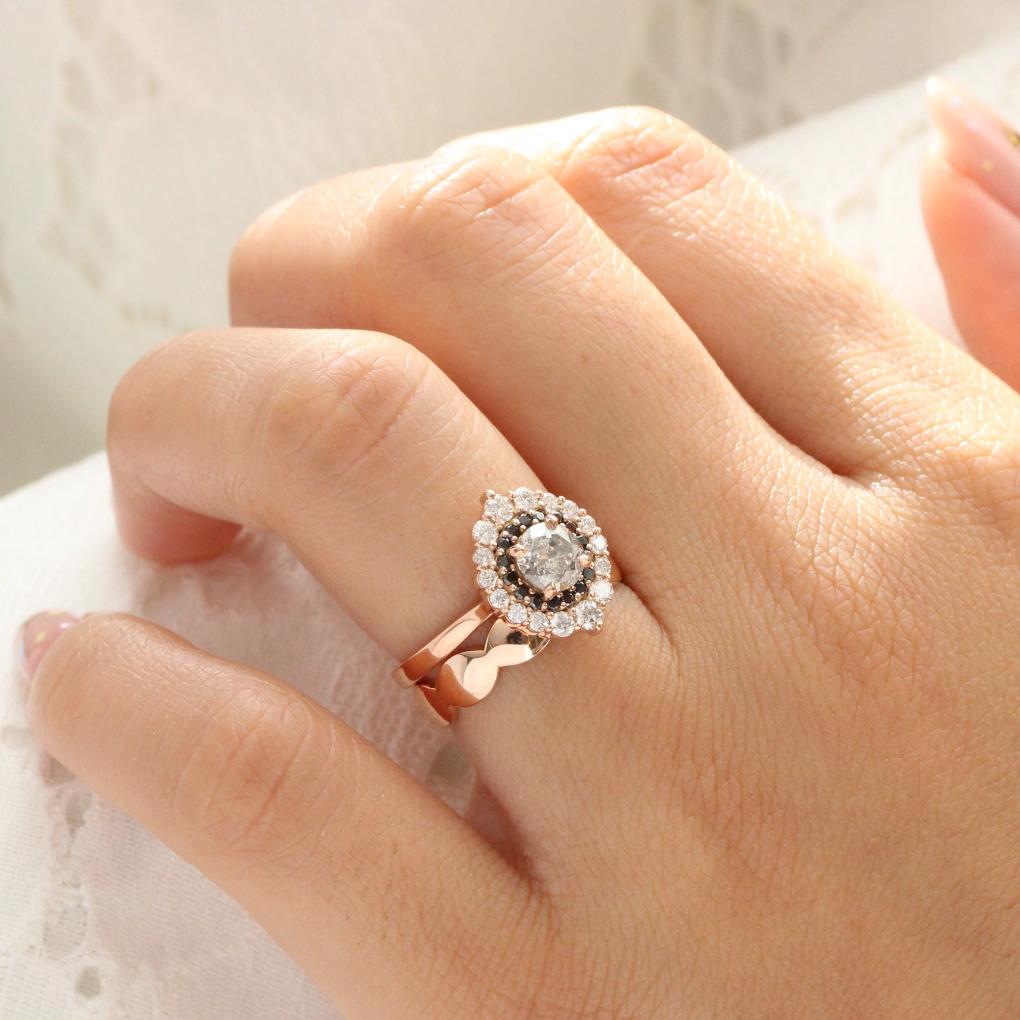unique salt and pepper diamond engagement ring rose gold double halo black diamond ring la more design jewelry